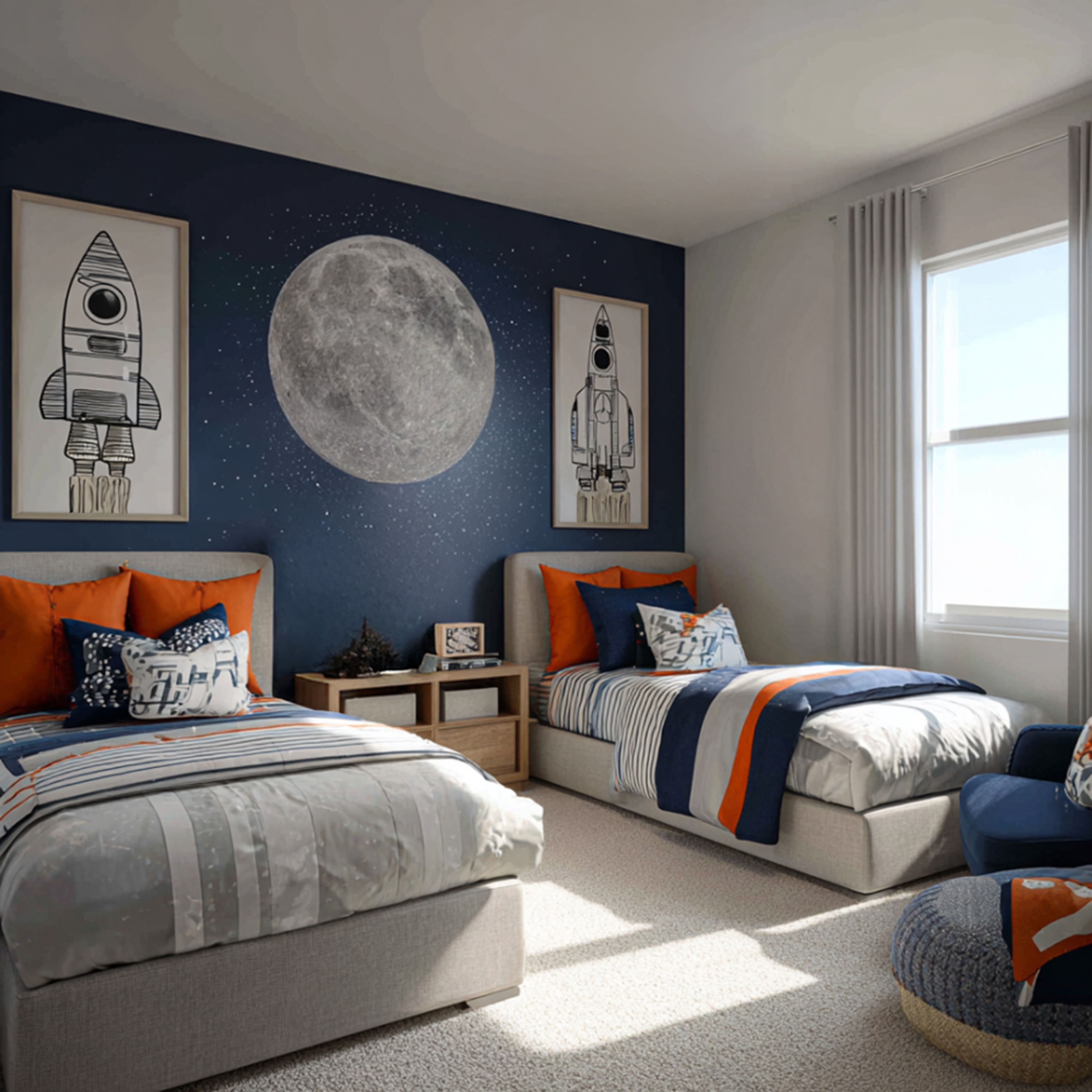 Moon Mural and Twin Beds in Modern Kids Bedroom Design