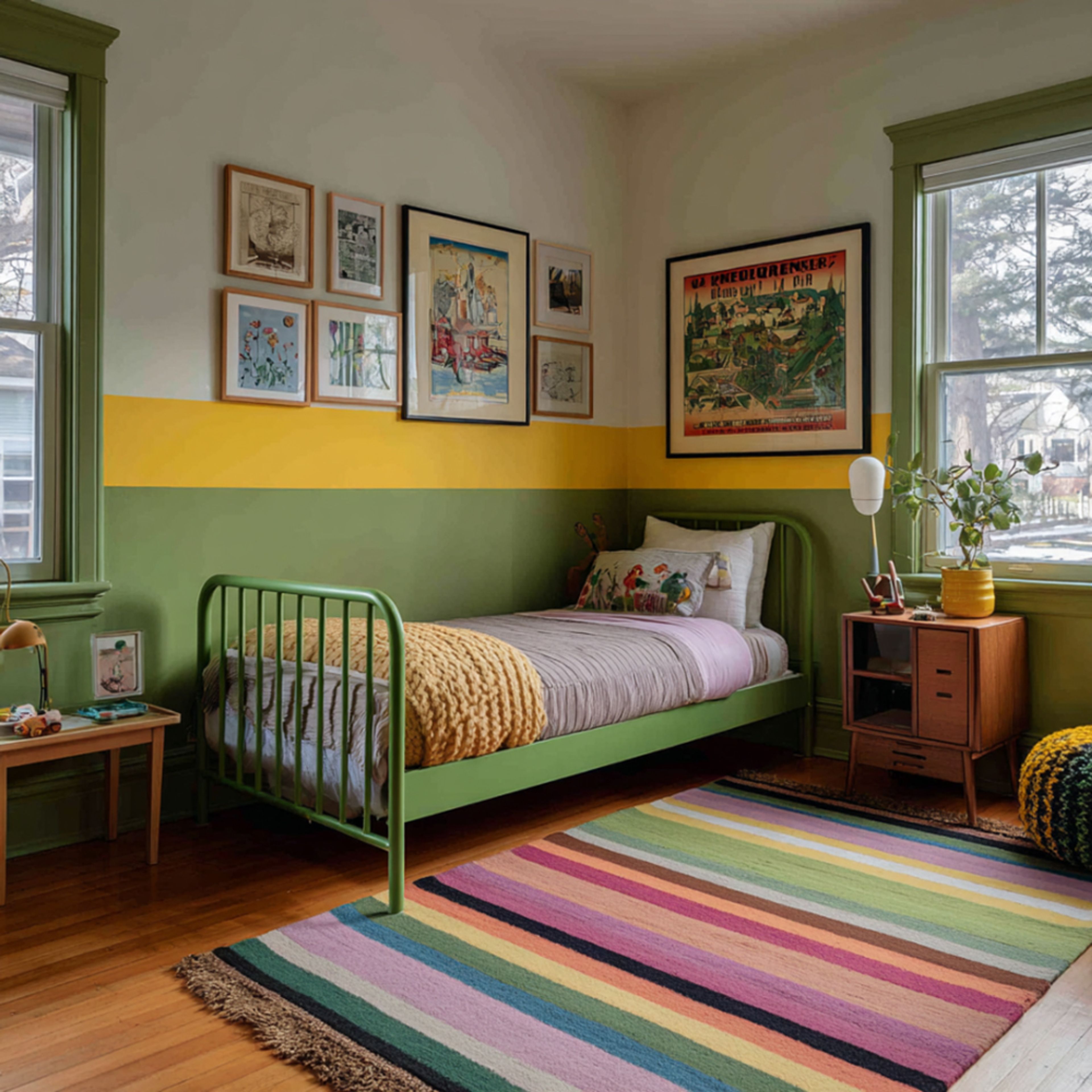 Modern Eclectic Kids Bedroom Design with Green Metal Single Bed Frame and Gallery Wall