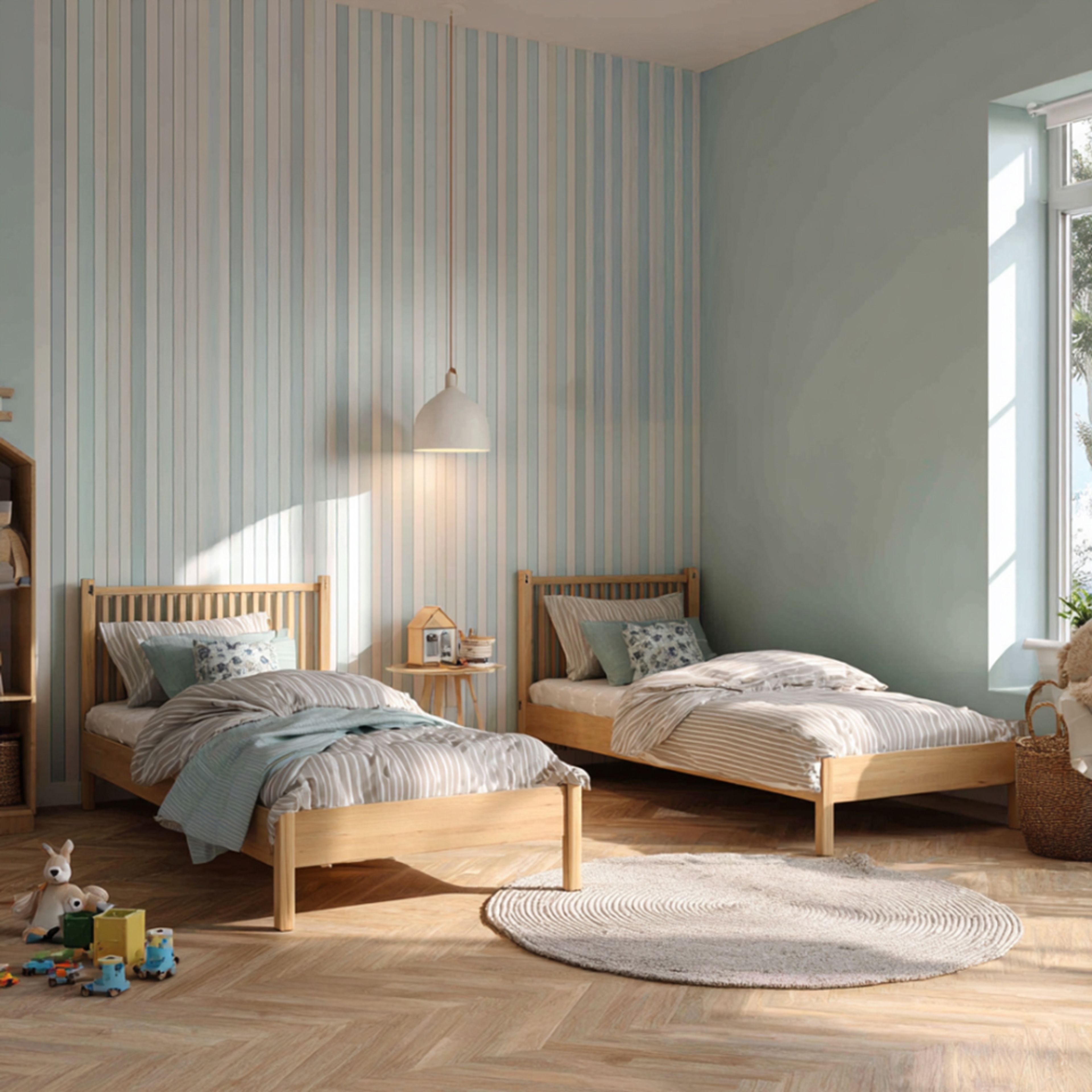 Space Saving Kids Bedroom Design with Shared Nightstand and Built-In Storage