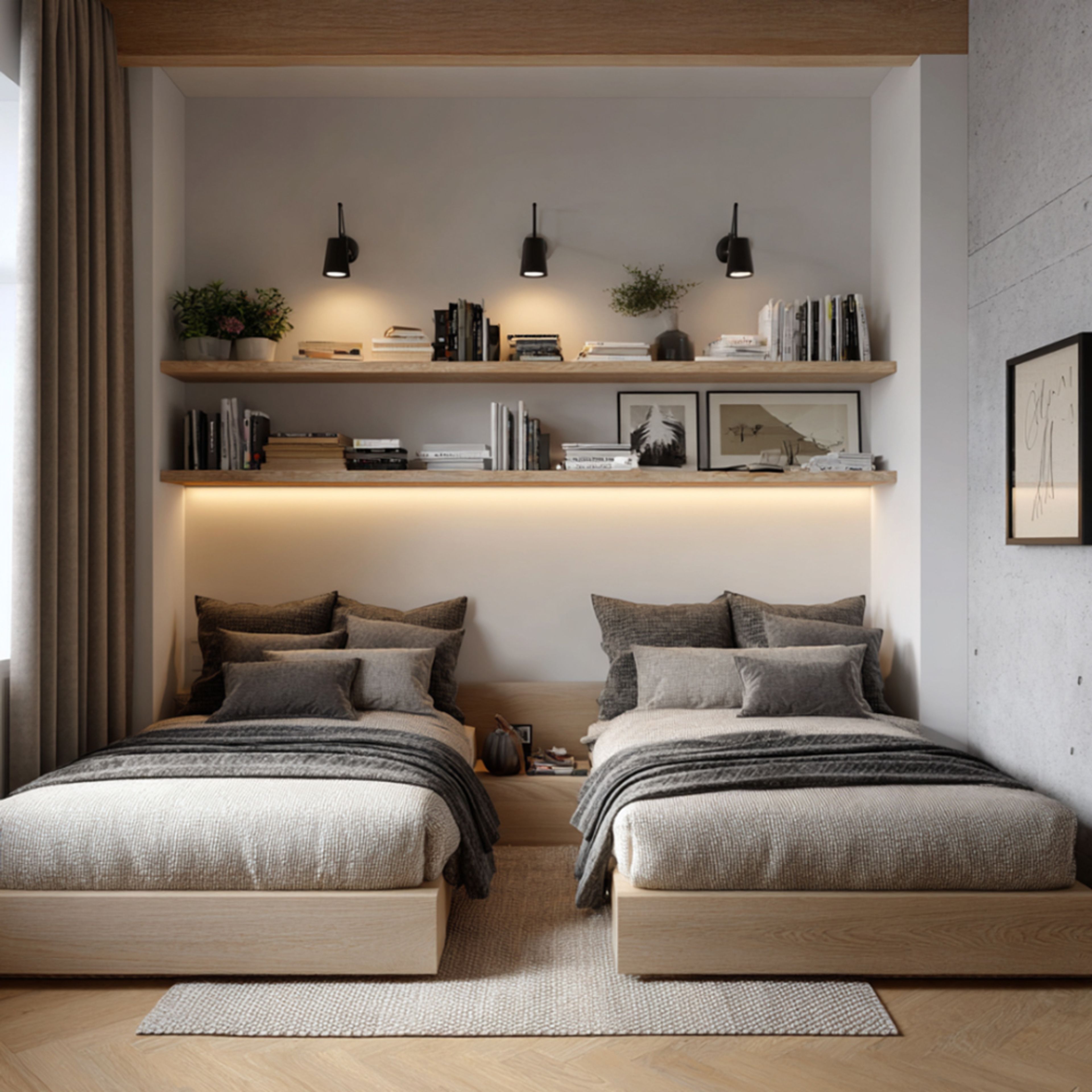 Space Saving Kids Bedroom Design with Storage Beds and Floating Shelves