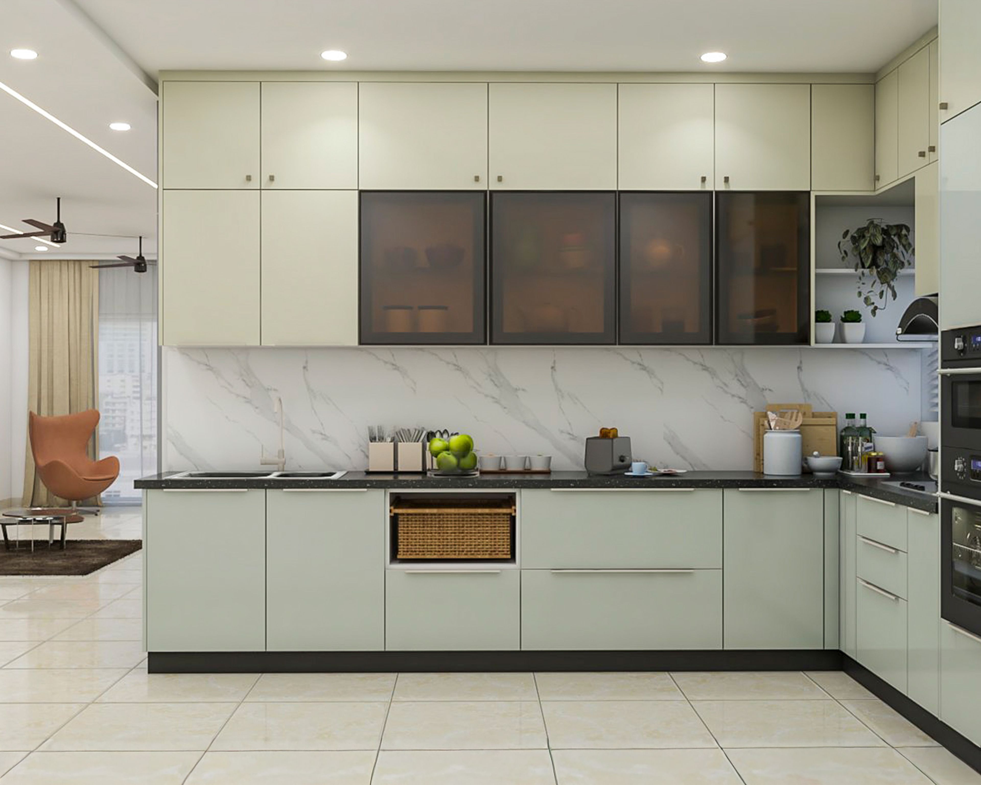 Contemporary L-Shaped Kitchen Design with Frosted Glass, Rustic Wicker Storage and Granite Countertop
