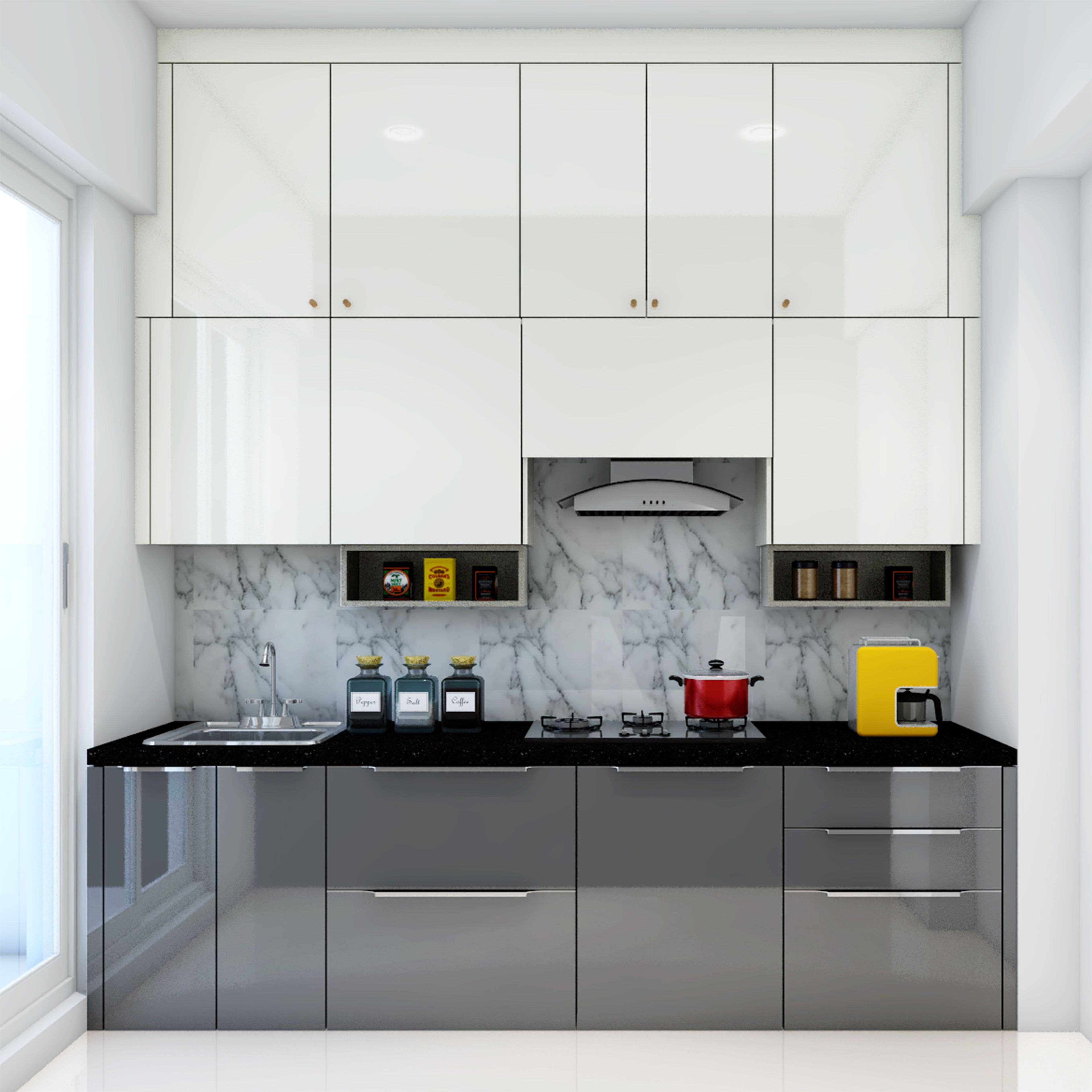 Modern Open Kitchen Design with Grey and White Cabinets and Marble Backsplash