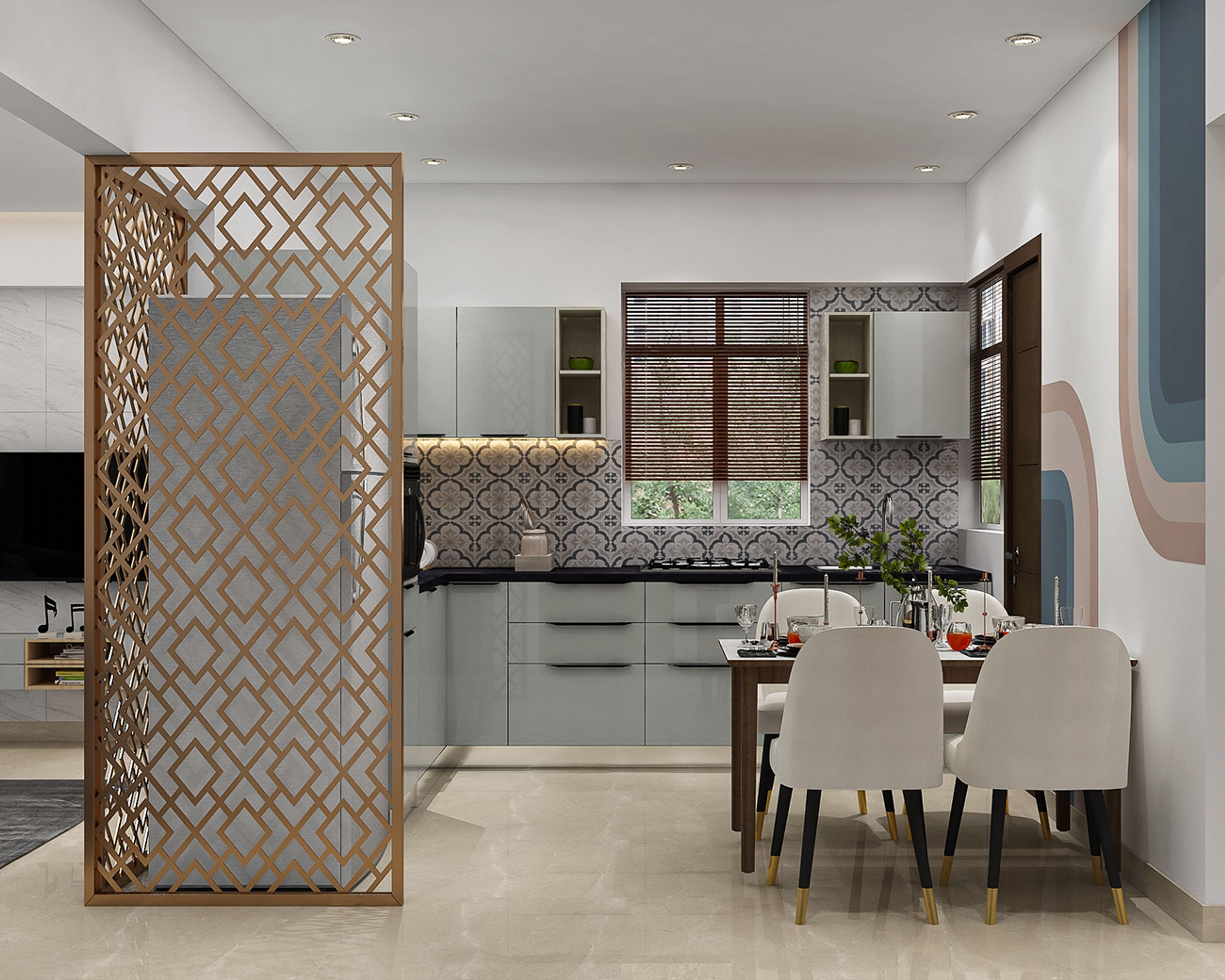 Contemporary L-Shaped Kitchen Design with Silver Frost Finish, Shelving and Granite Top