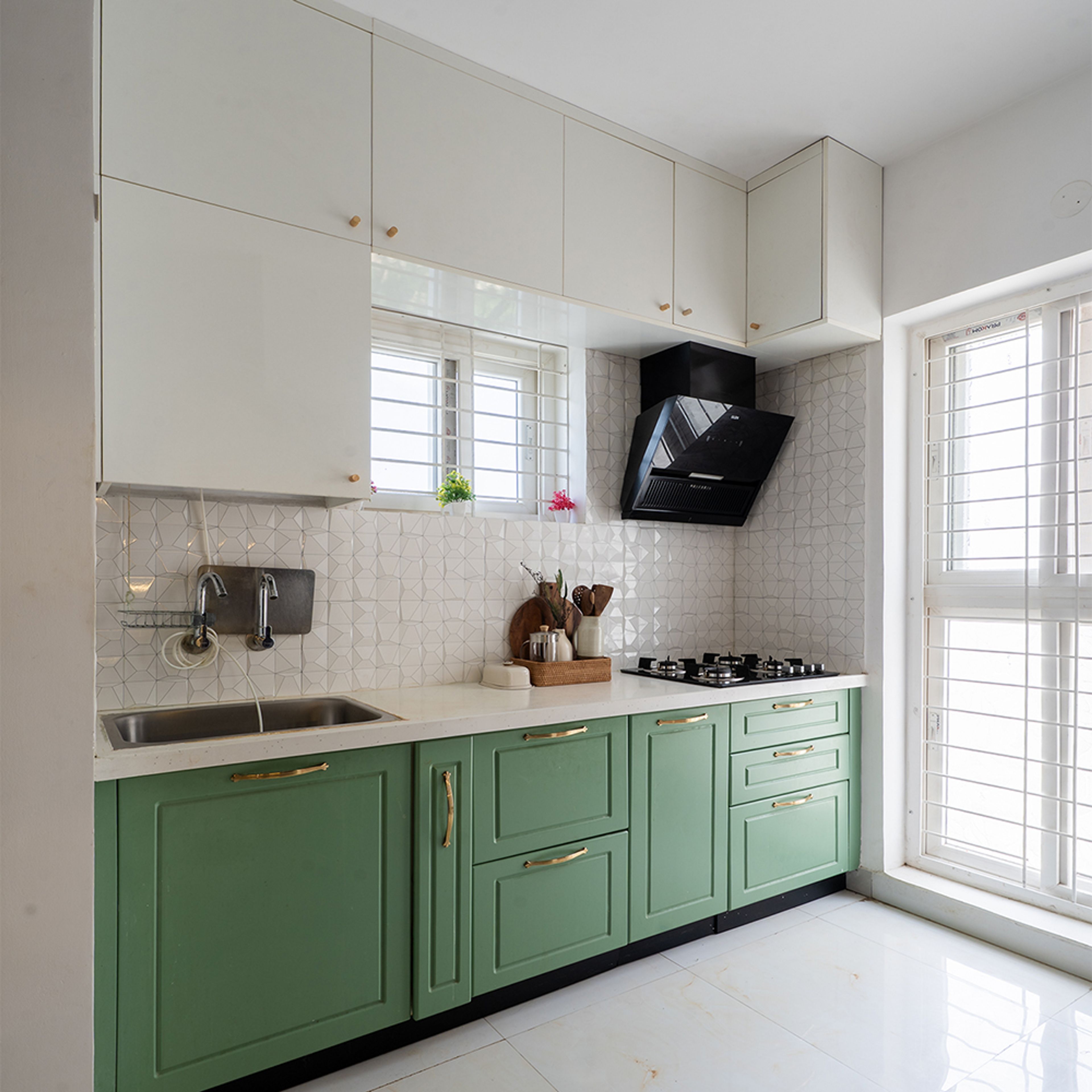 Contemporary Matte Finish Aqua Green Open Kitchen Design With Granite Countertop