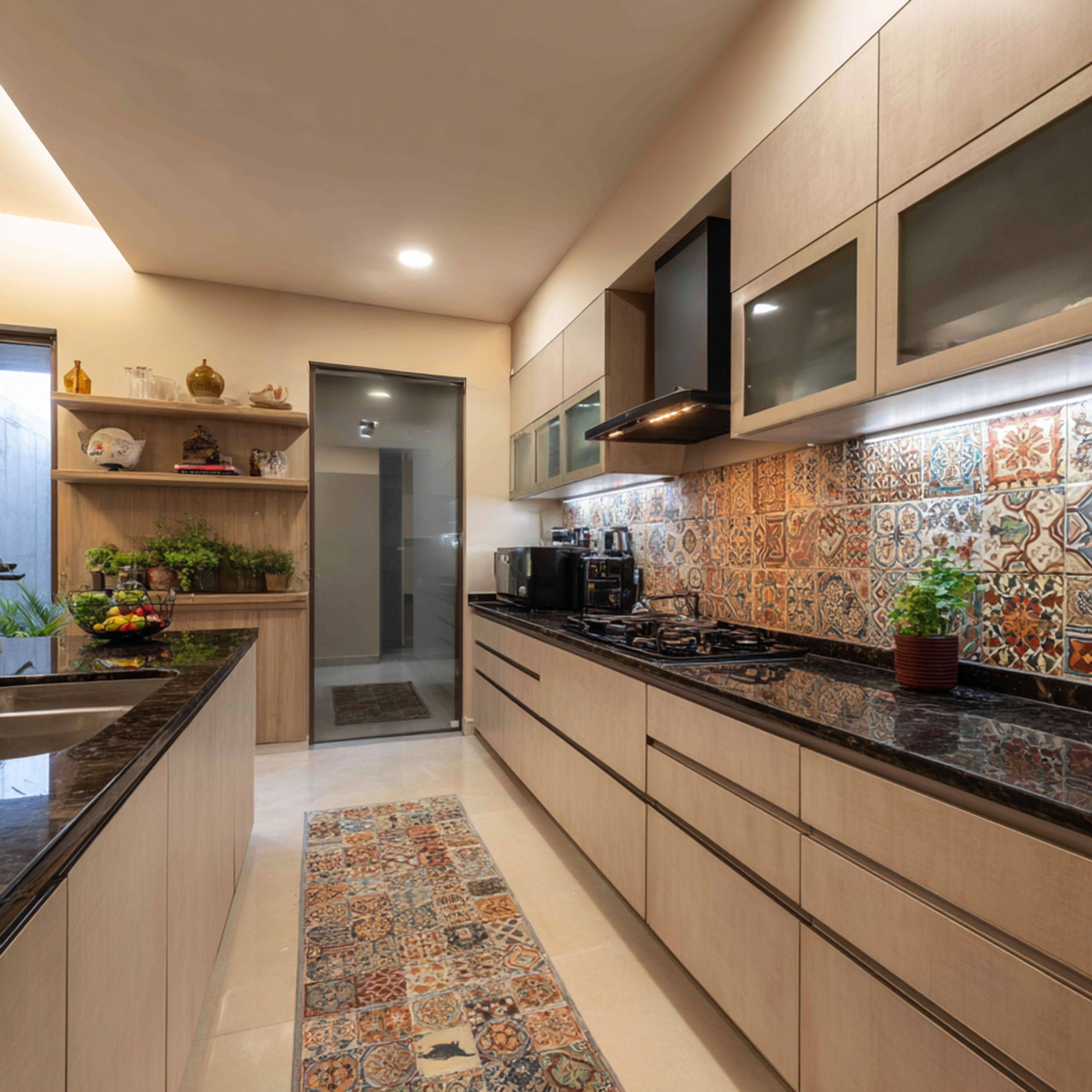 Contemporary Island Kitchen Design with Patterned Backsplash and Granite Counter