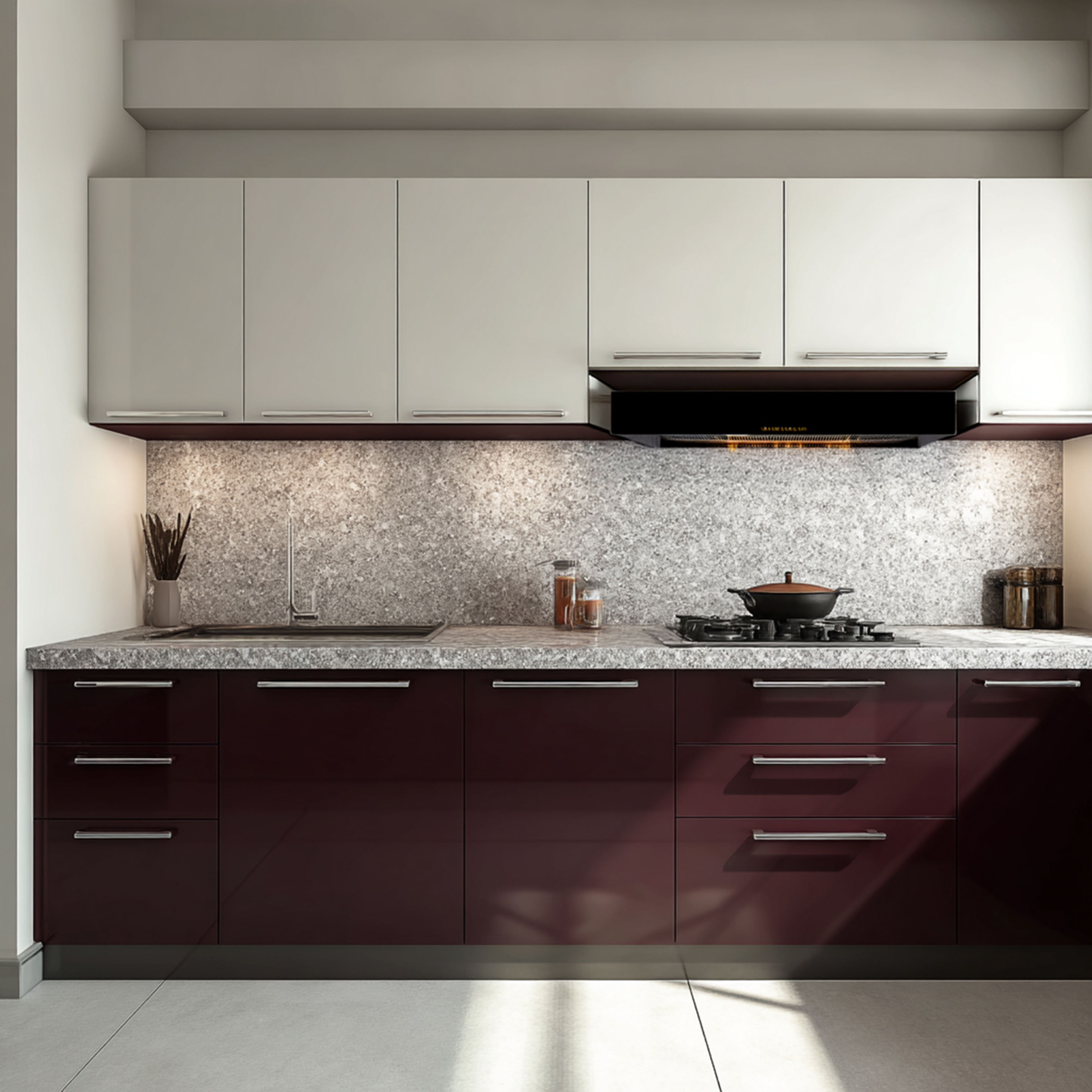 Modern Open Kitchen Design Featuring Two-Toned Storage and Quartz Counter