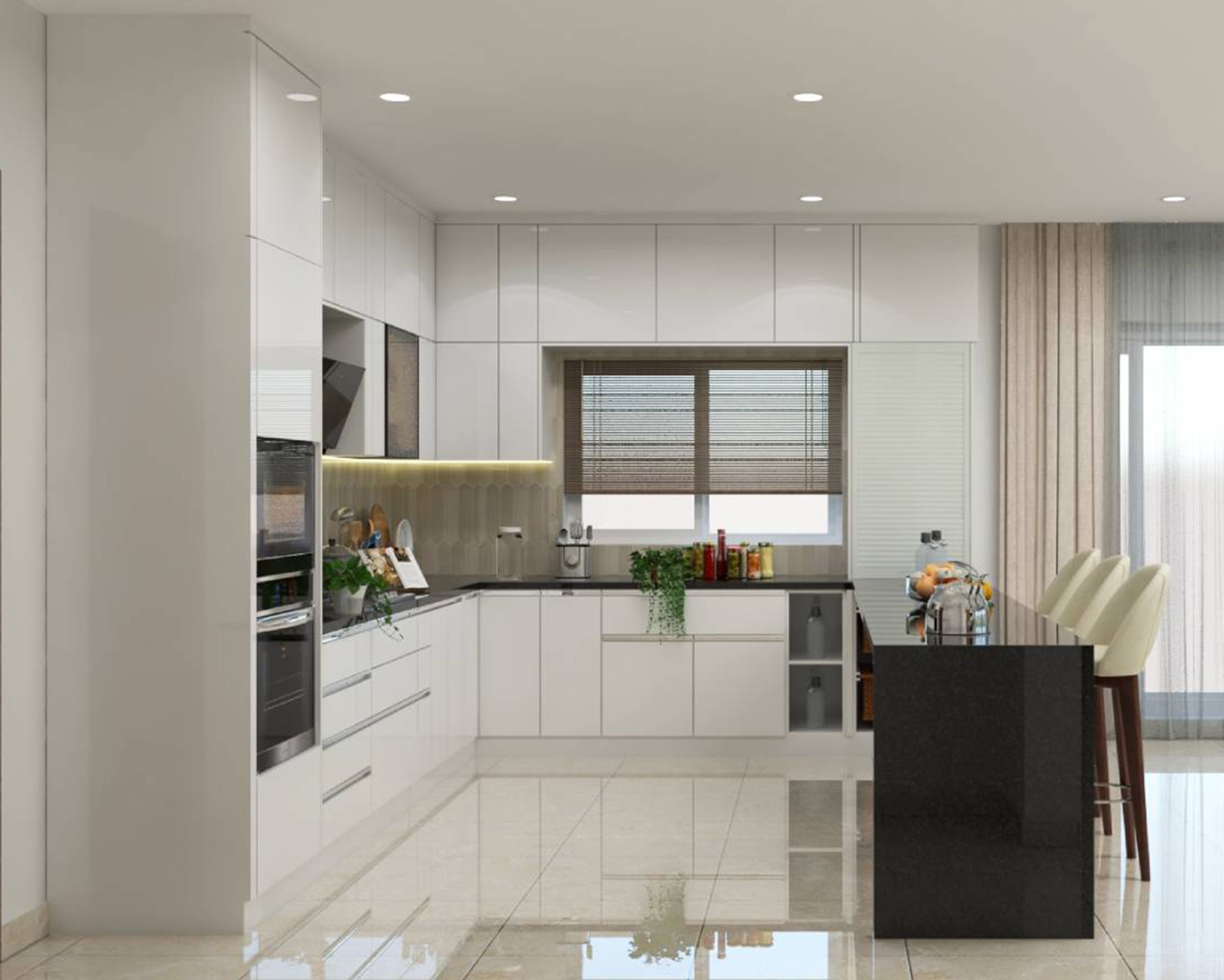 Modern U-Shaped Kitchen Design with Glossy White Cabinets and Island Counter