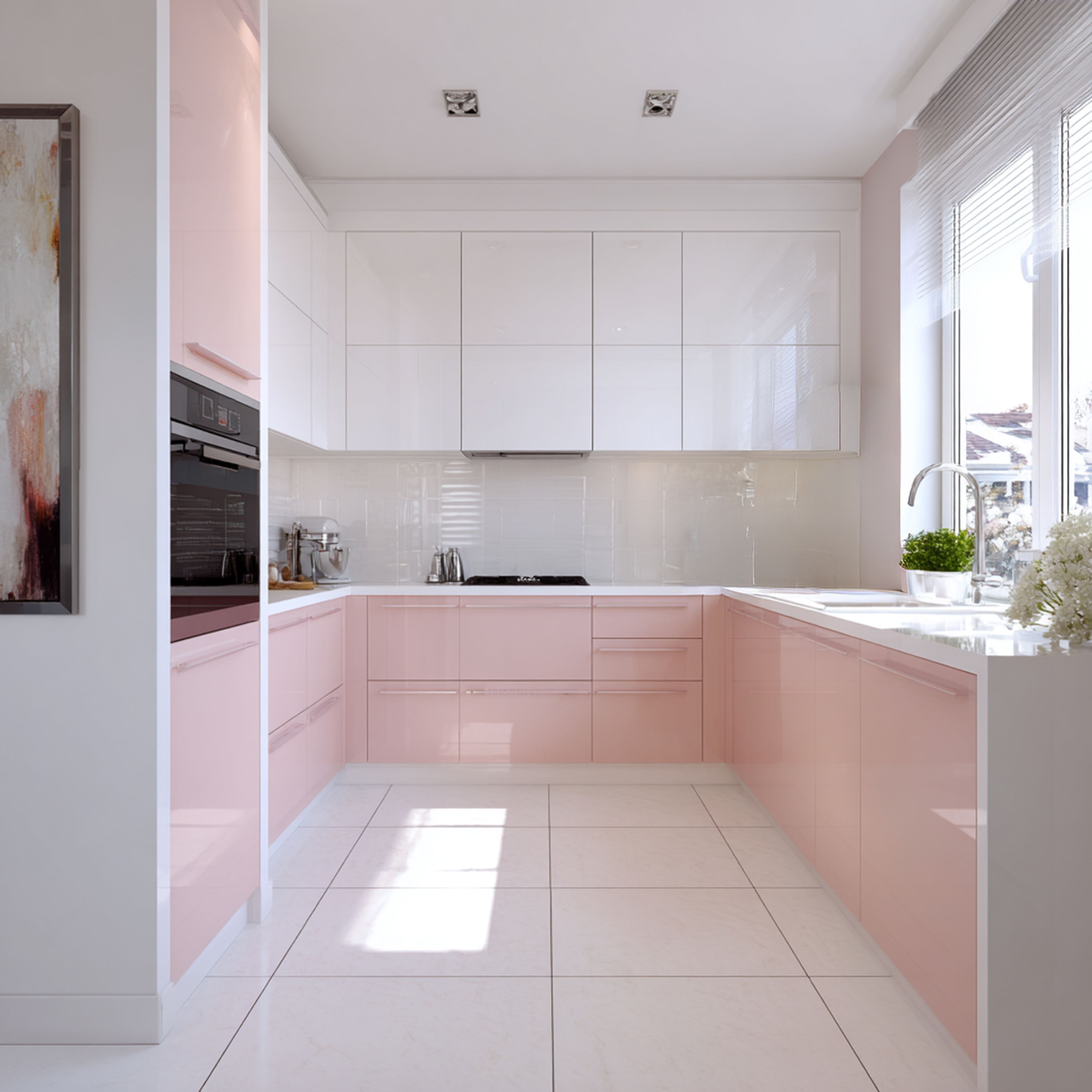 Contemporary U-Shaped Kitchen Design with White and Pink Cabinets and Quartz Countertops
