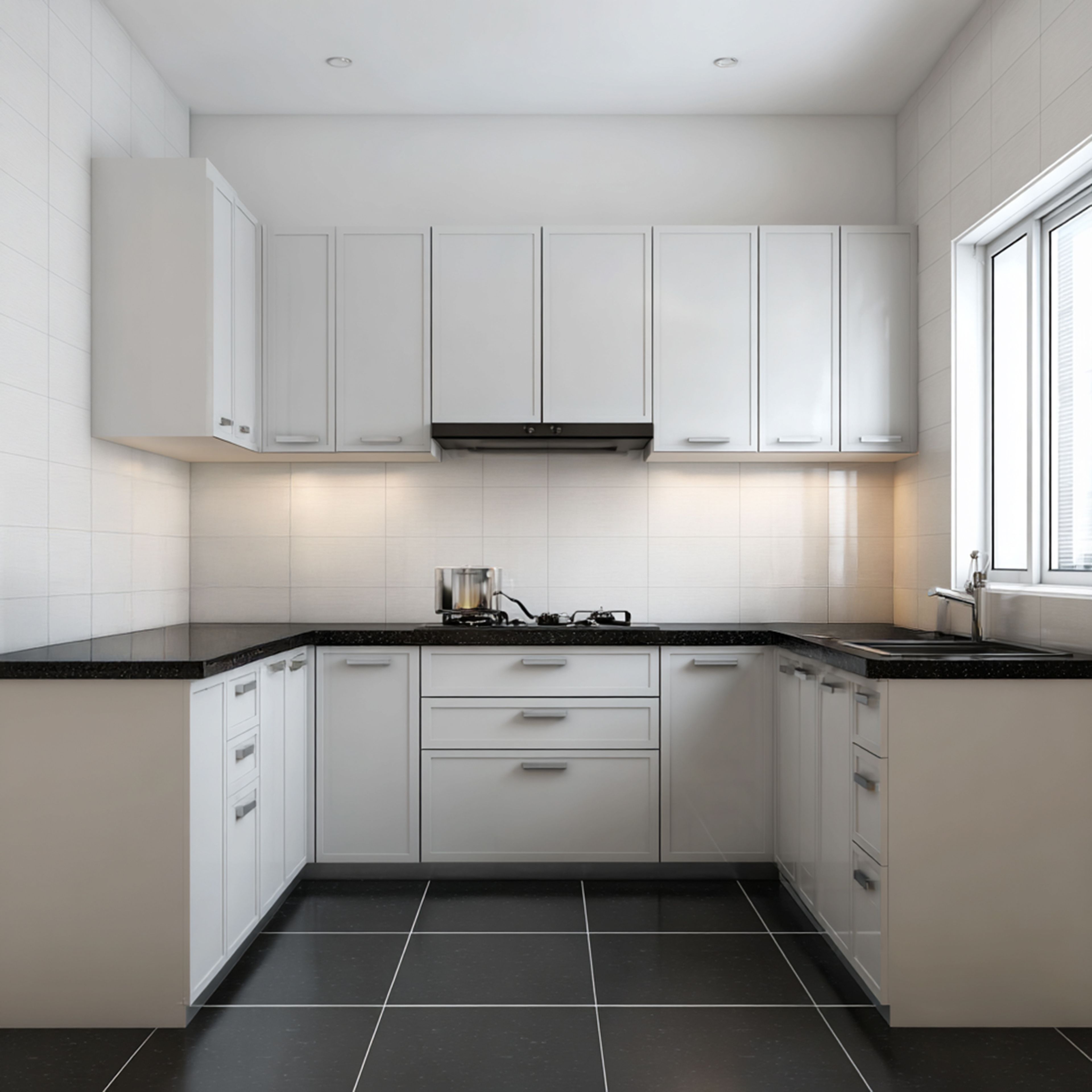White U-shaped kitchen with black countertops and ceiling-height storage cabinets