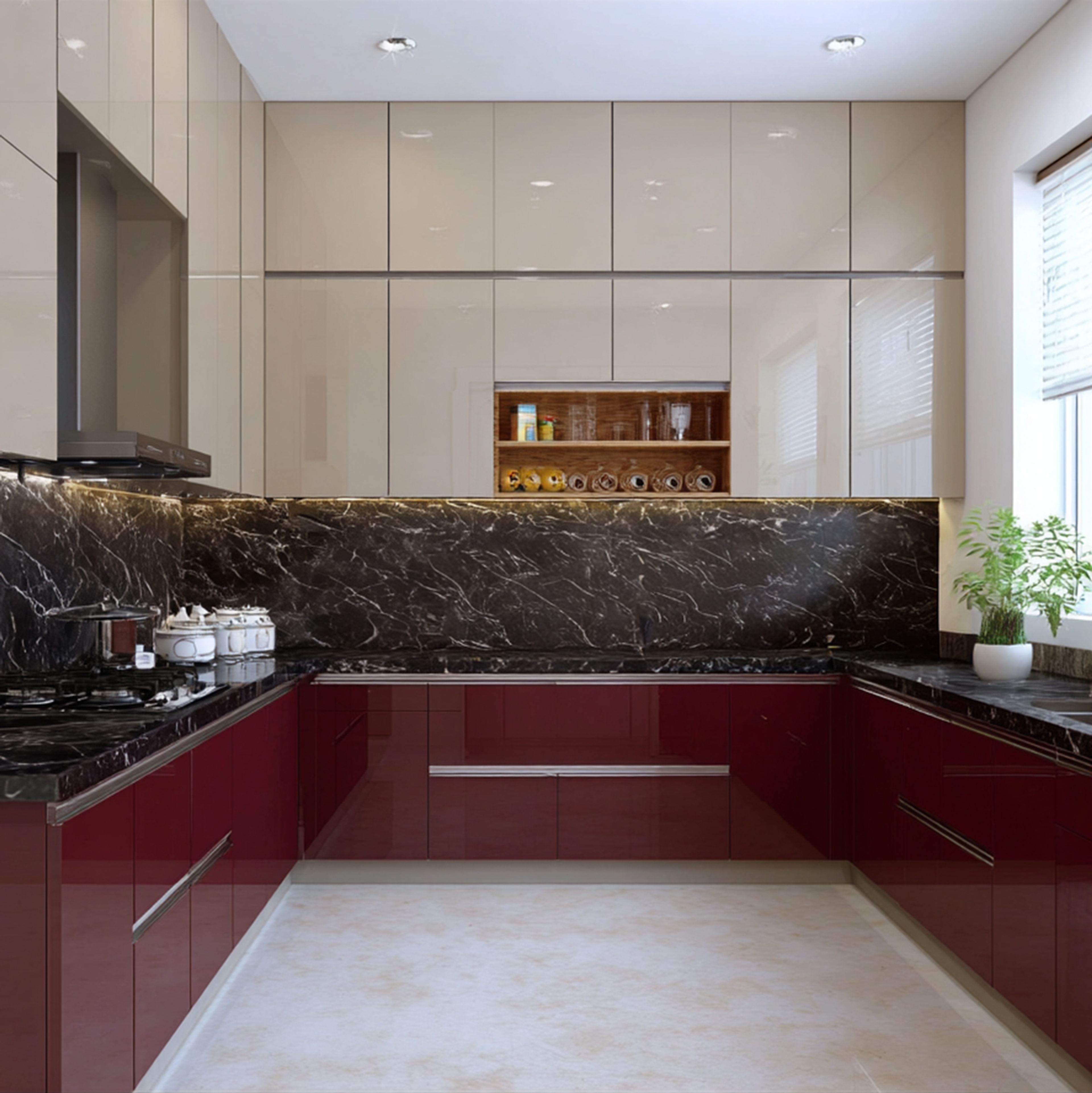 Contemporary U-Shaped Kitchen Design in Ruby and Grey and Marble Countertop