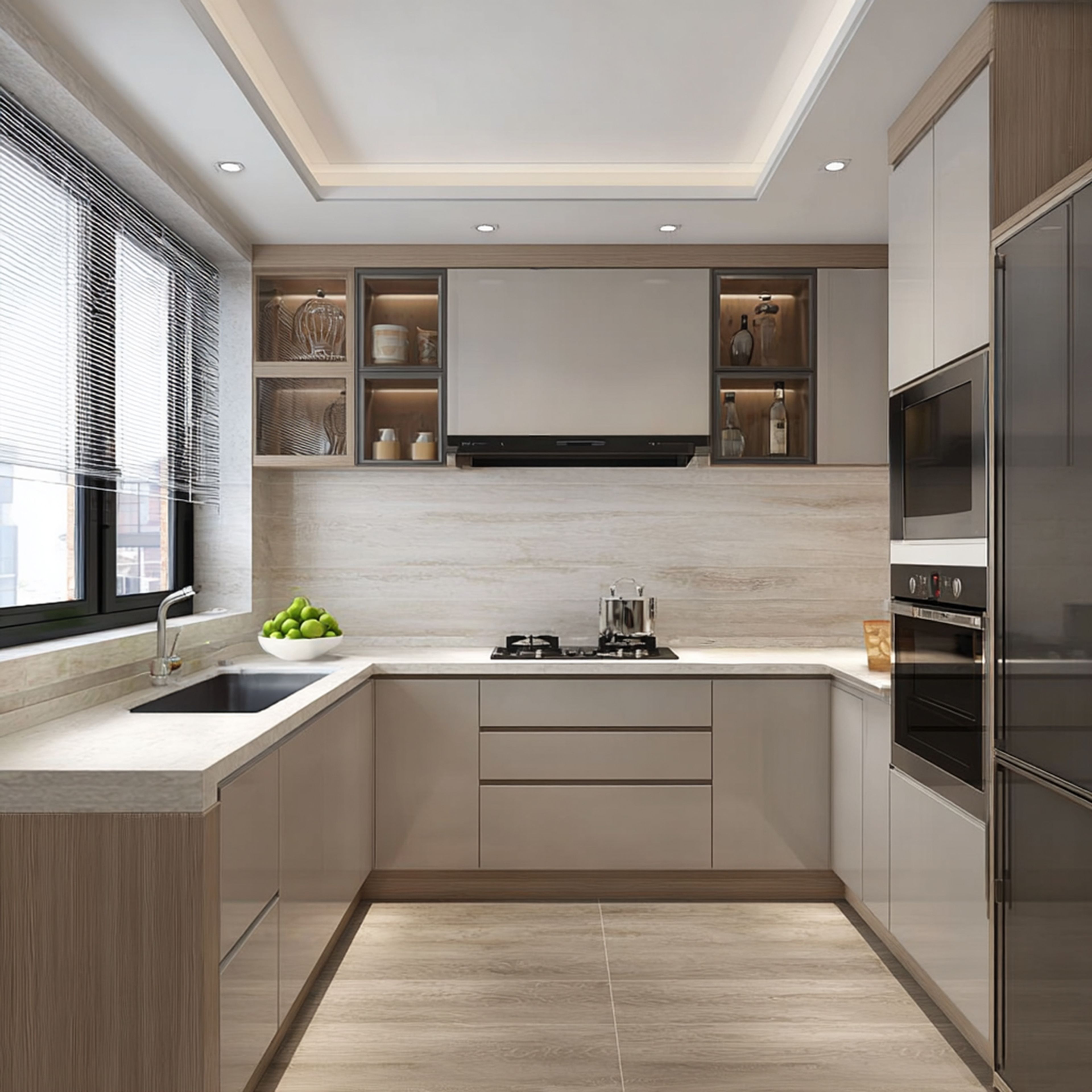 Neutral-toned U-Shaped kitchen with open shelving, modern appliances, and soft under-cabinet lighting