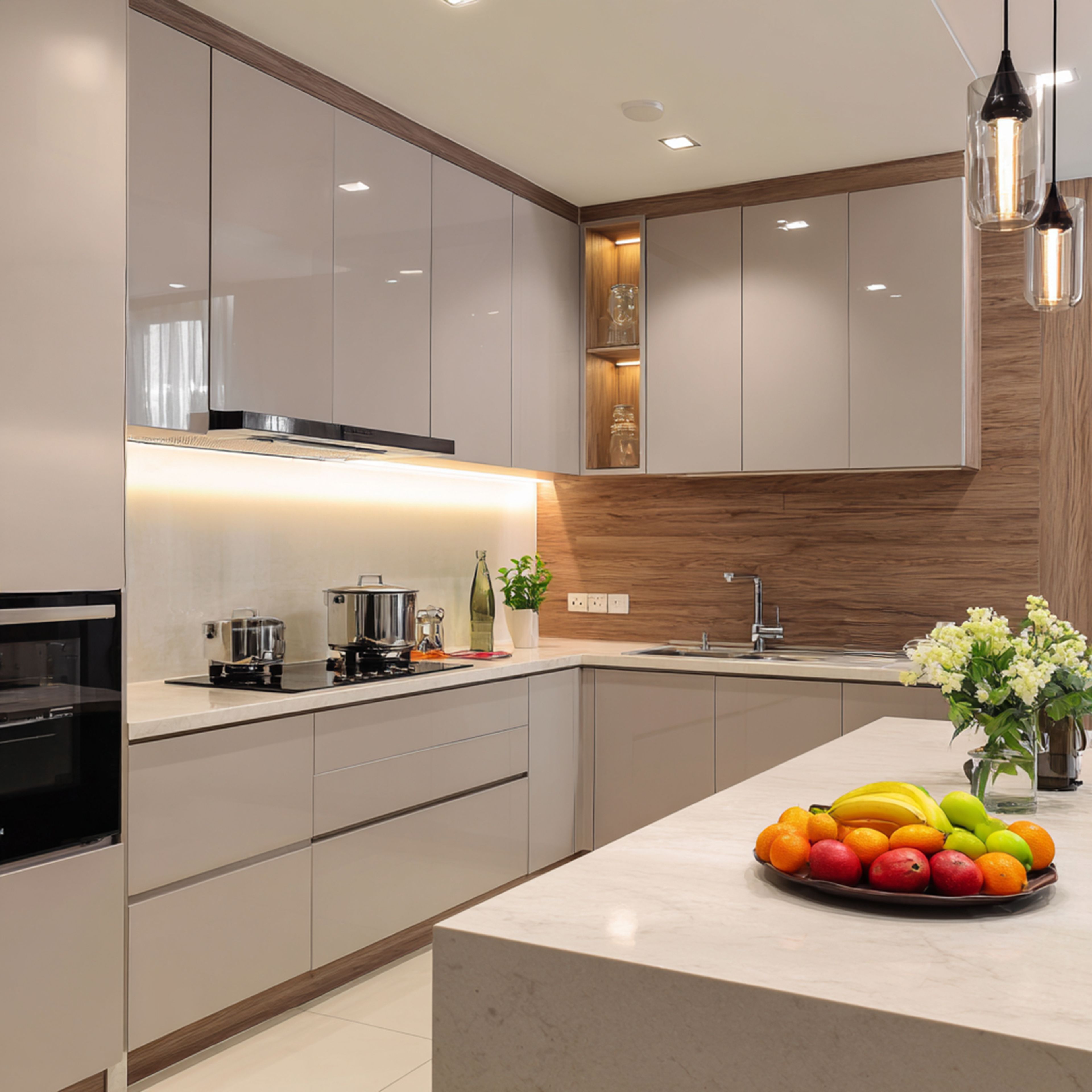 Beige and wood Island kitchen with glass cabinets and integrated under-cabinet lighting