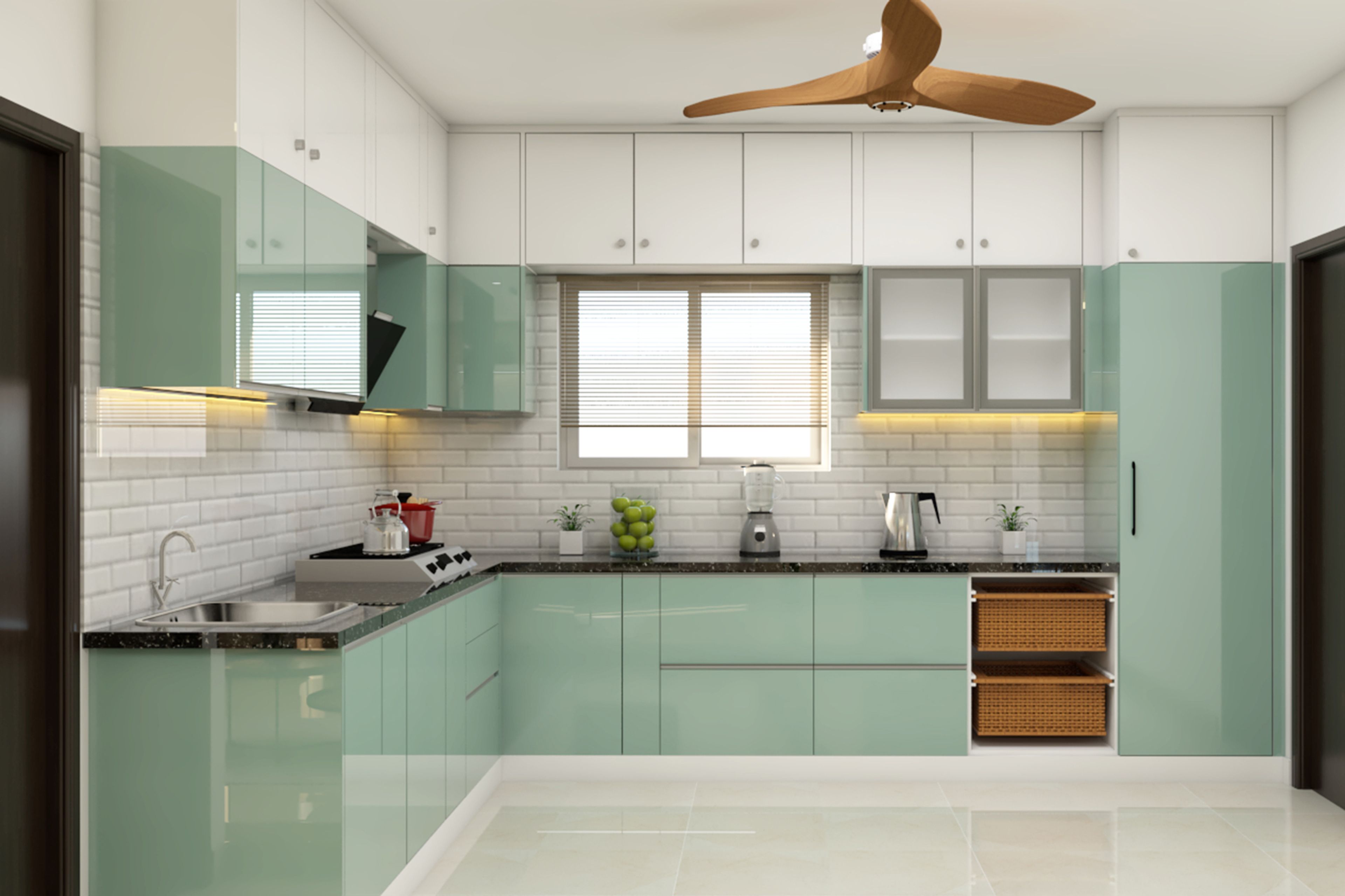 Contemporary L-Shaped Kitchen Design with Aqua Green and White Cabinets and Granite Countertop