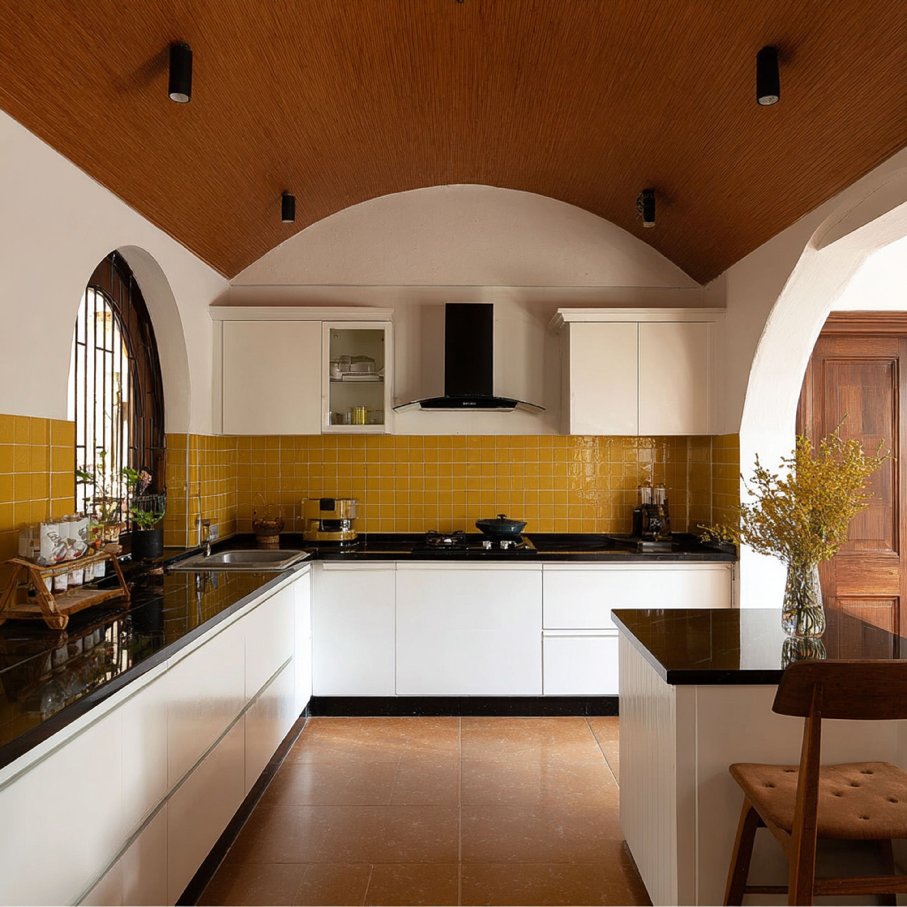 White Traditional Island Kitchen Design with Marble Countertop and Suede Finish