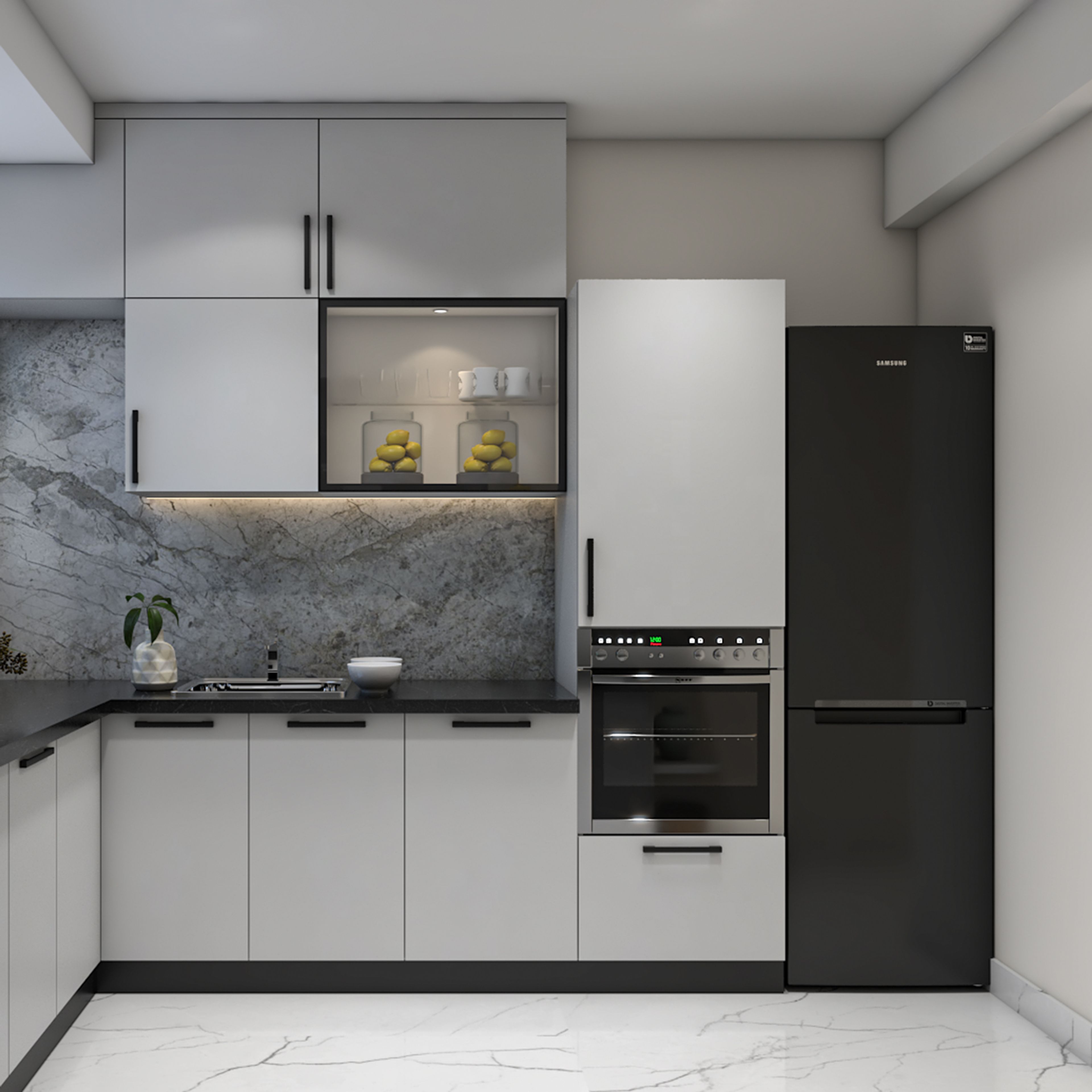 U-Shaped Kitchen Design with Grey Suede Finish and Marble Backsplash