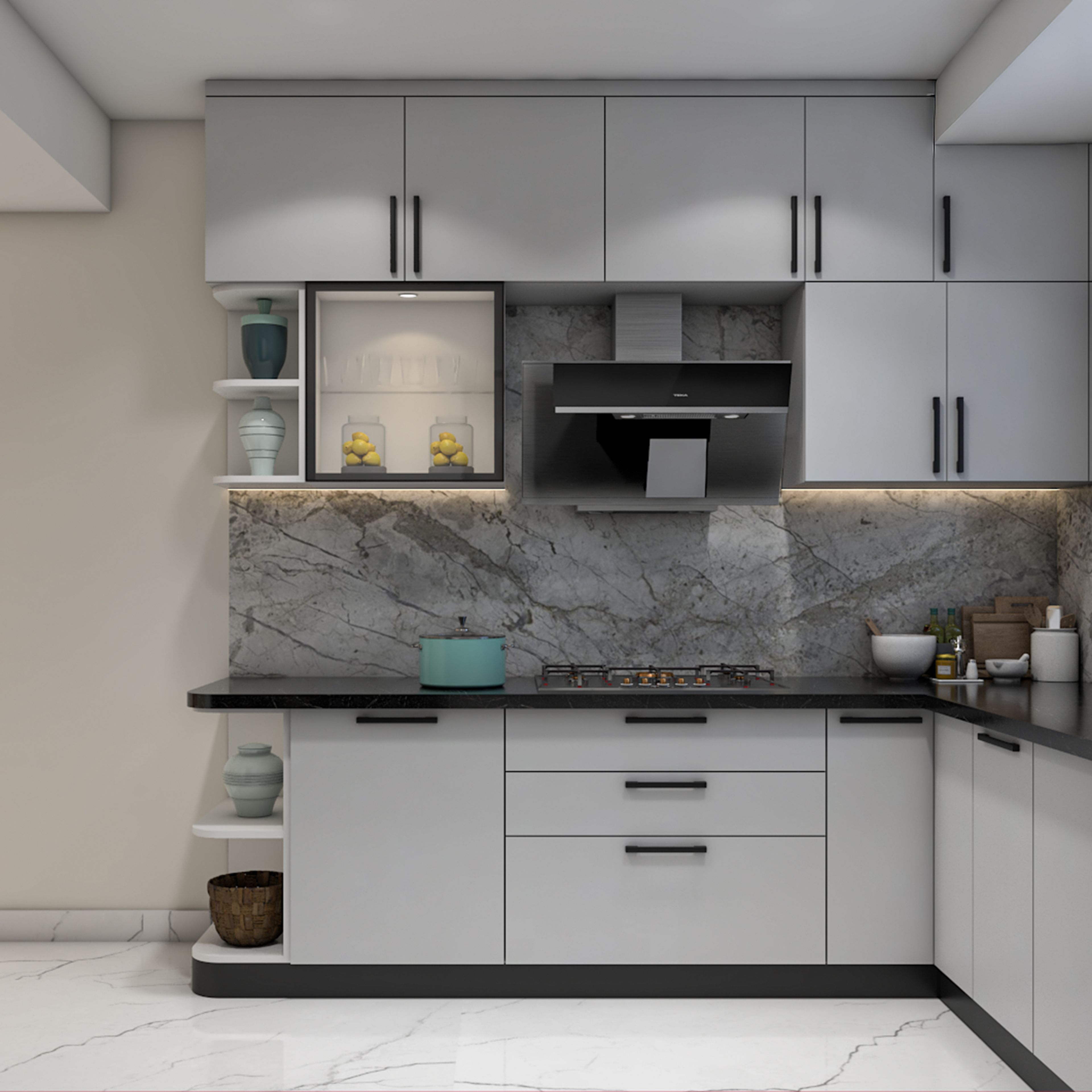Minimal U-Shaped Kitchen Design with Grey Suede Finish and Marble Backsplash