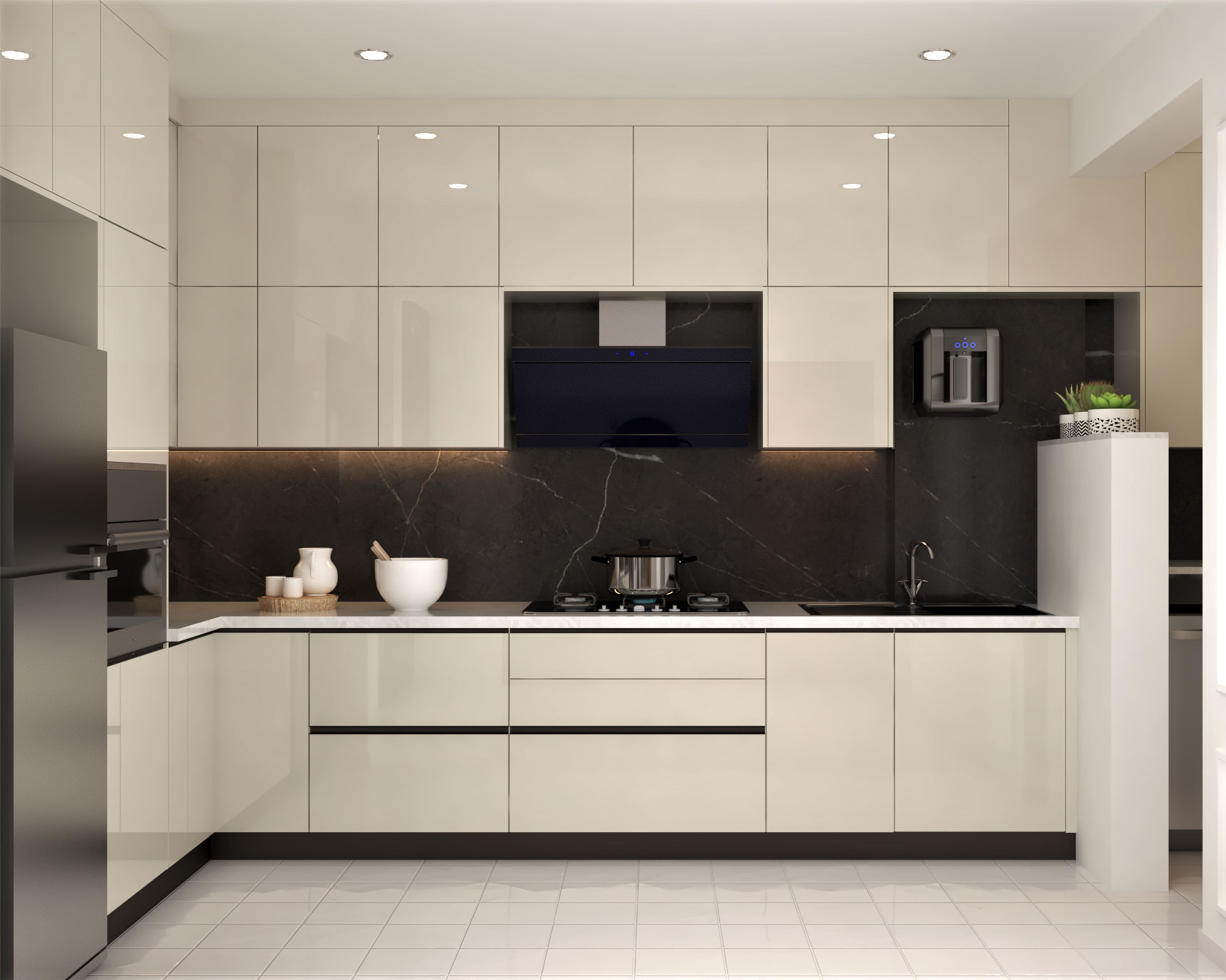 Modern L-Shaped Kitchen Design with Quartz Countertop and Glossy Cabinets