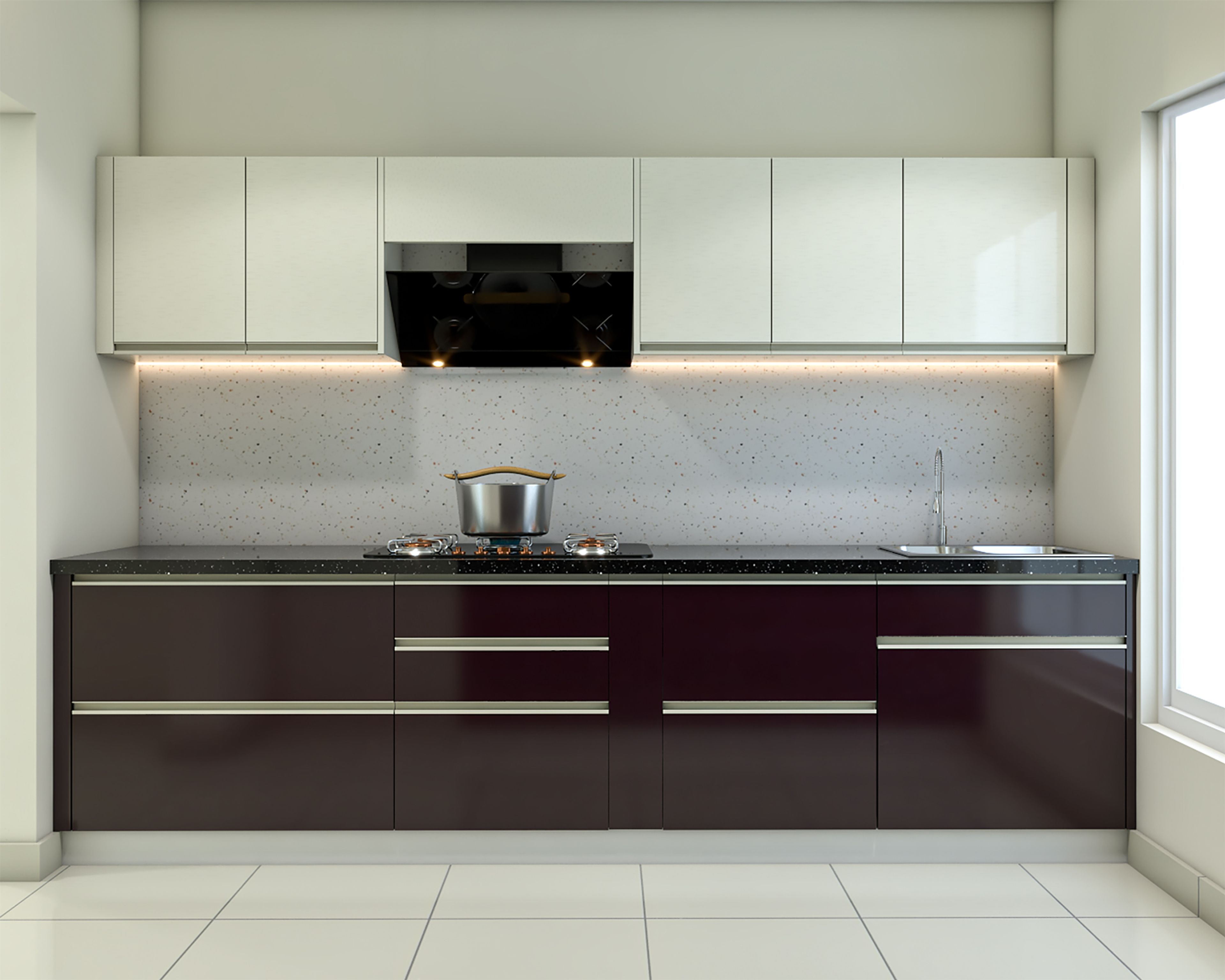 Modern Parallel Kitchen Design with Aubergine and White Cabinets and Granite Counter