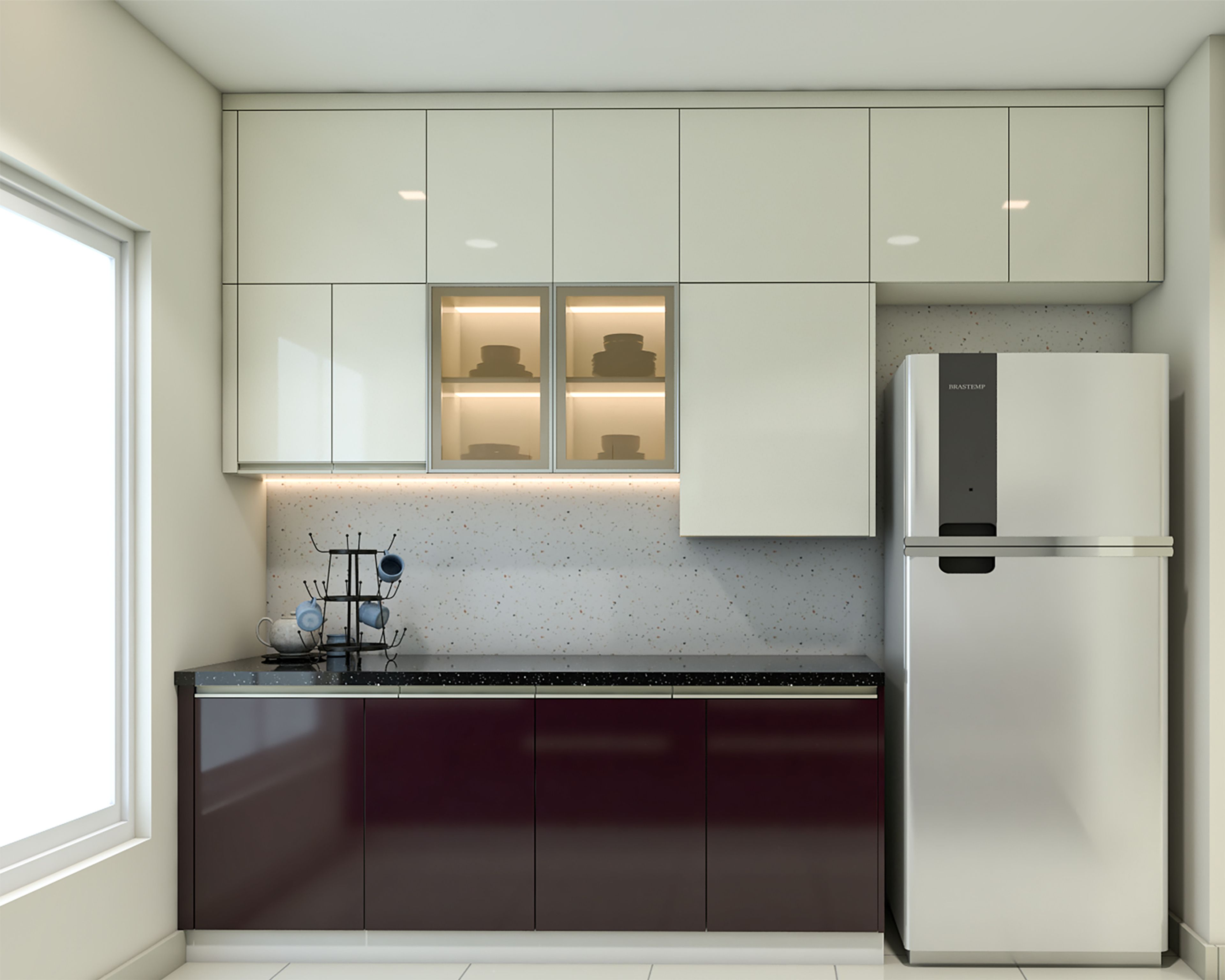 Parallel Kitchen Design with Aubergine and White Cabinets and Granite Counter