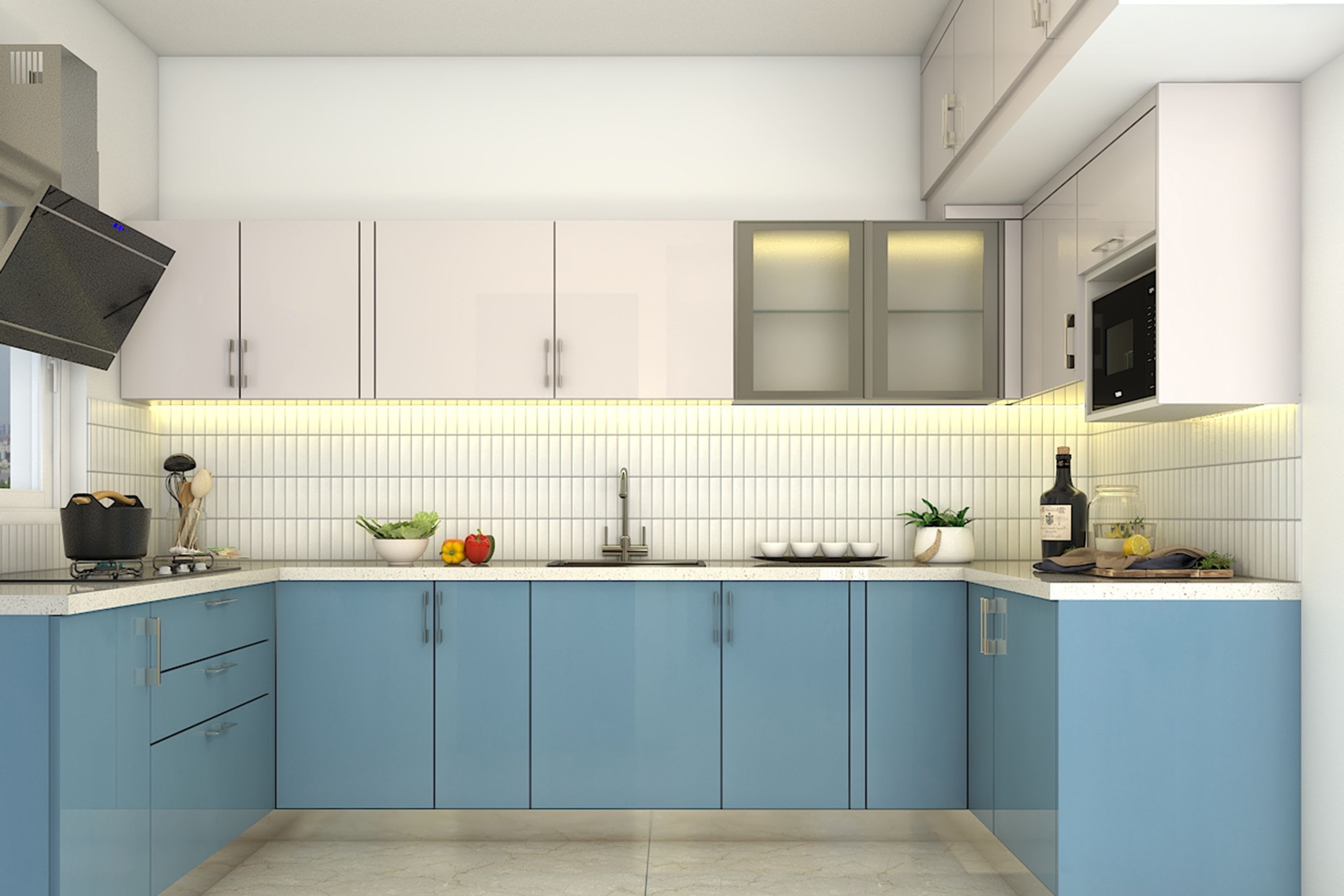 Contemporary U-Shaped Kitchen Design with Quartz Countertop and Glass Cabinets