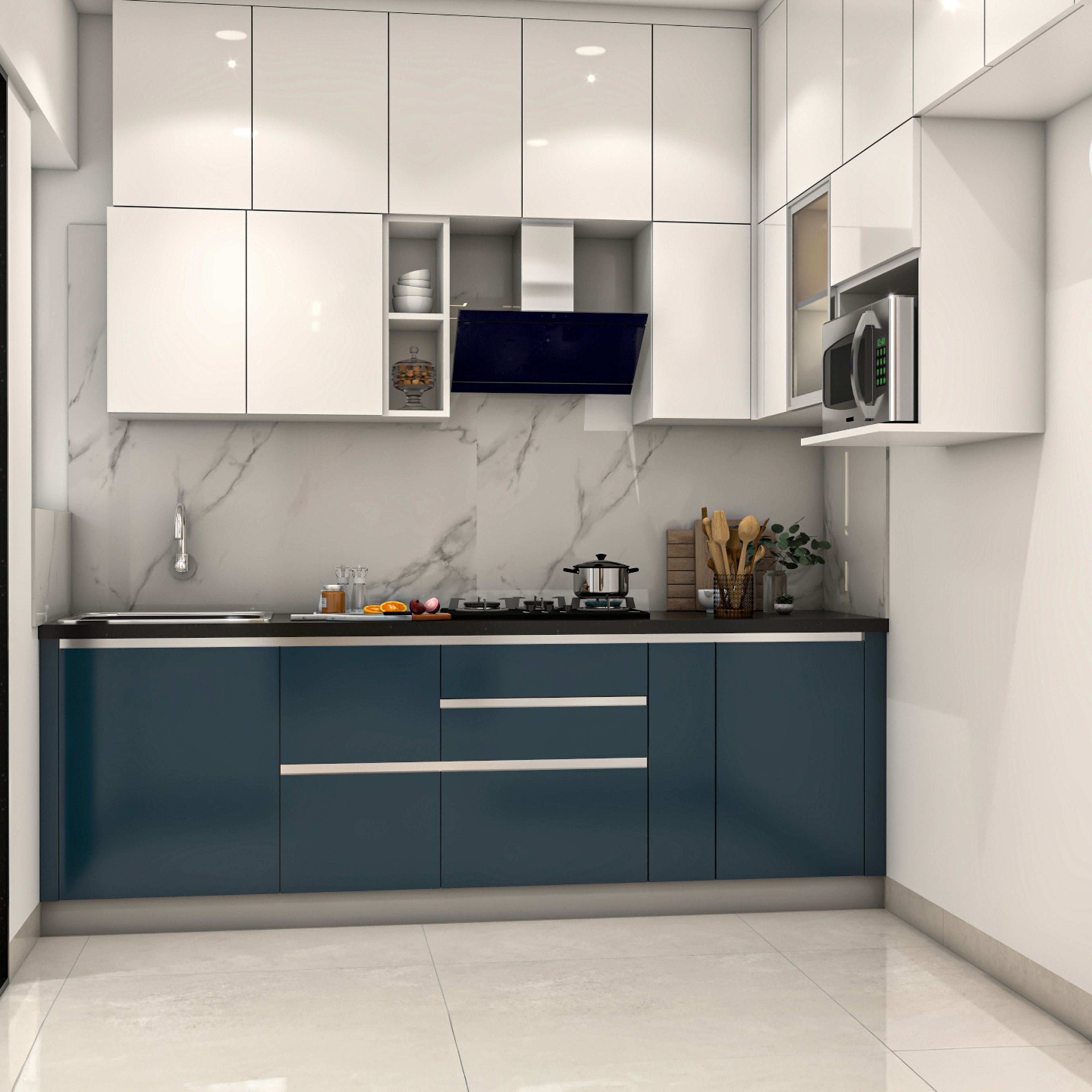 Modern Open Kitchen Design with White and Blue Cabinets and Marble-Look Backsplash