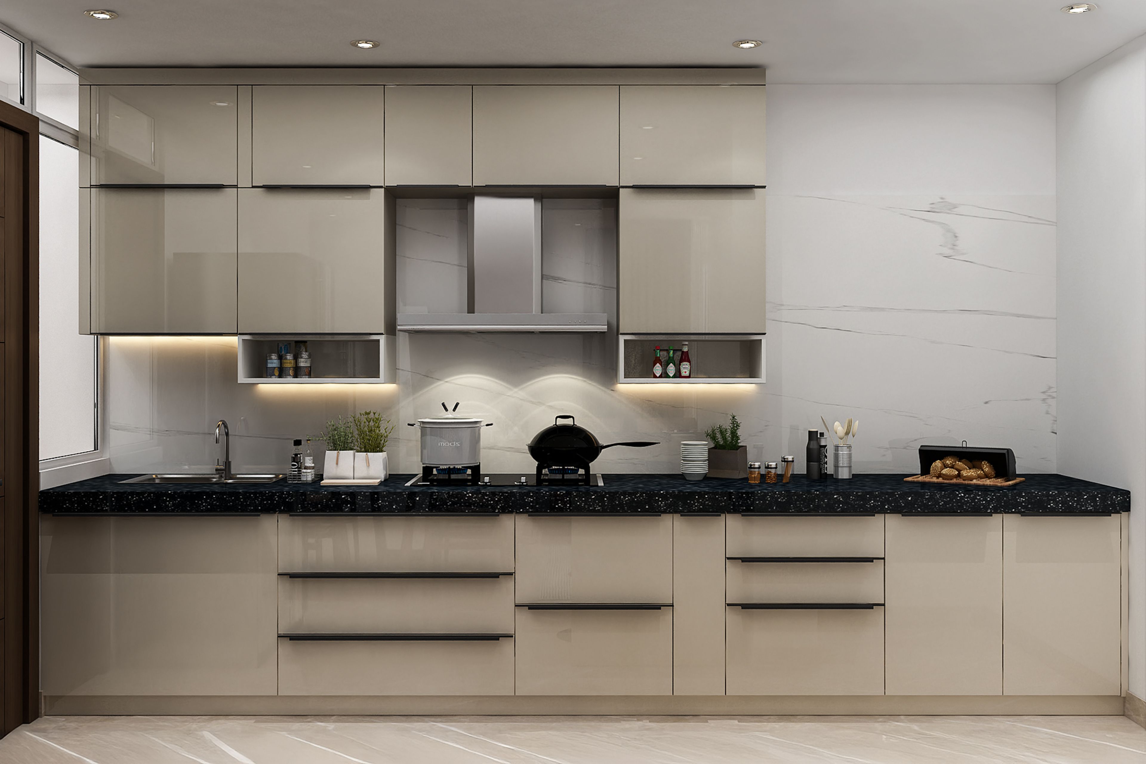 Modern Open Kitchen Design with Cream Gloss Finish and Granite Counter