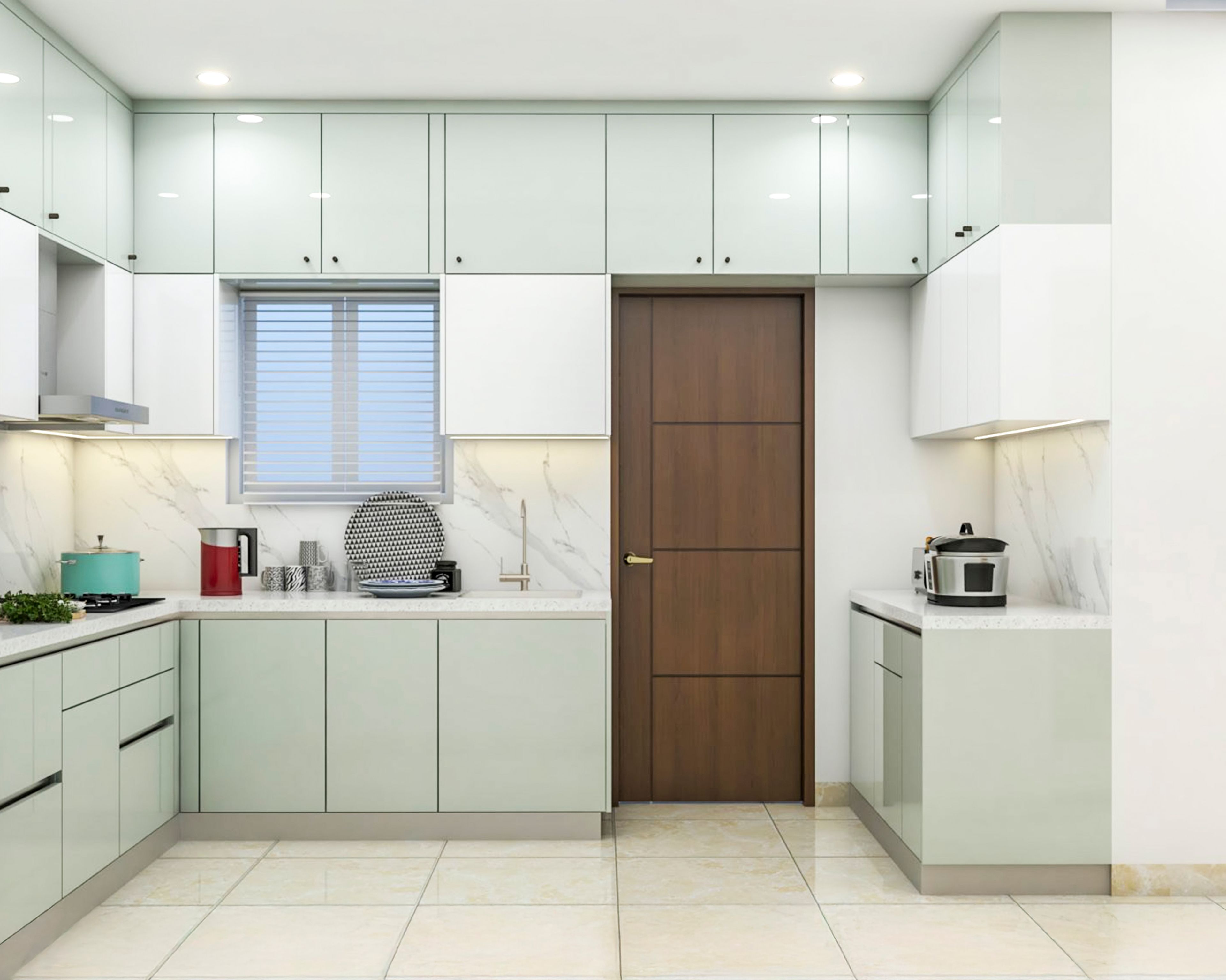 Contemporary U Shaped Kitchen Design with Blue Base and Green Units