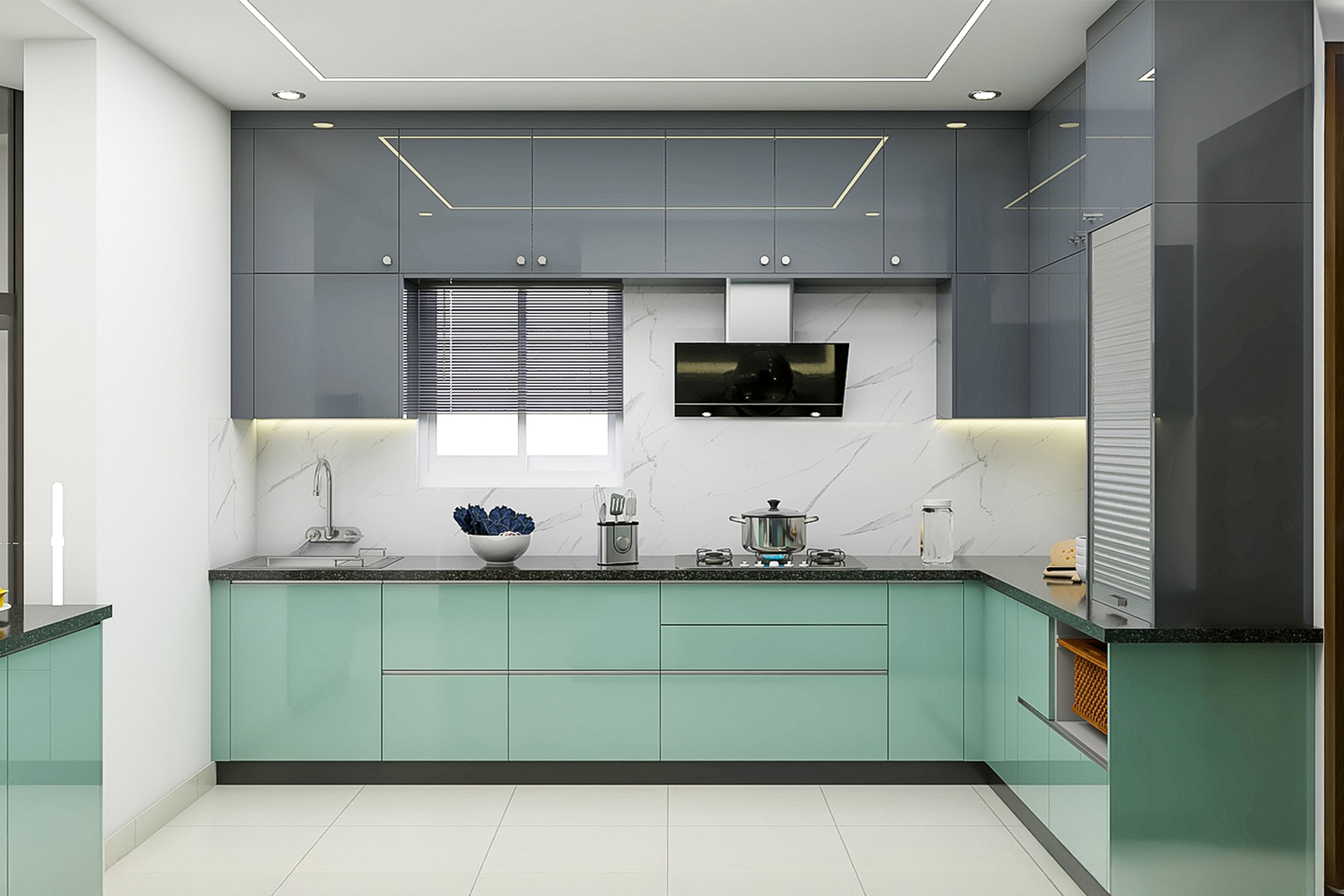 Modern L-Shaped Kitchen Design with Granite Countertops and Blue Cabinets