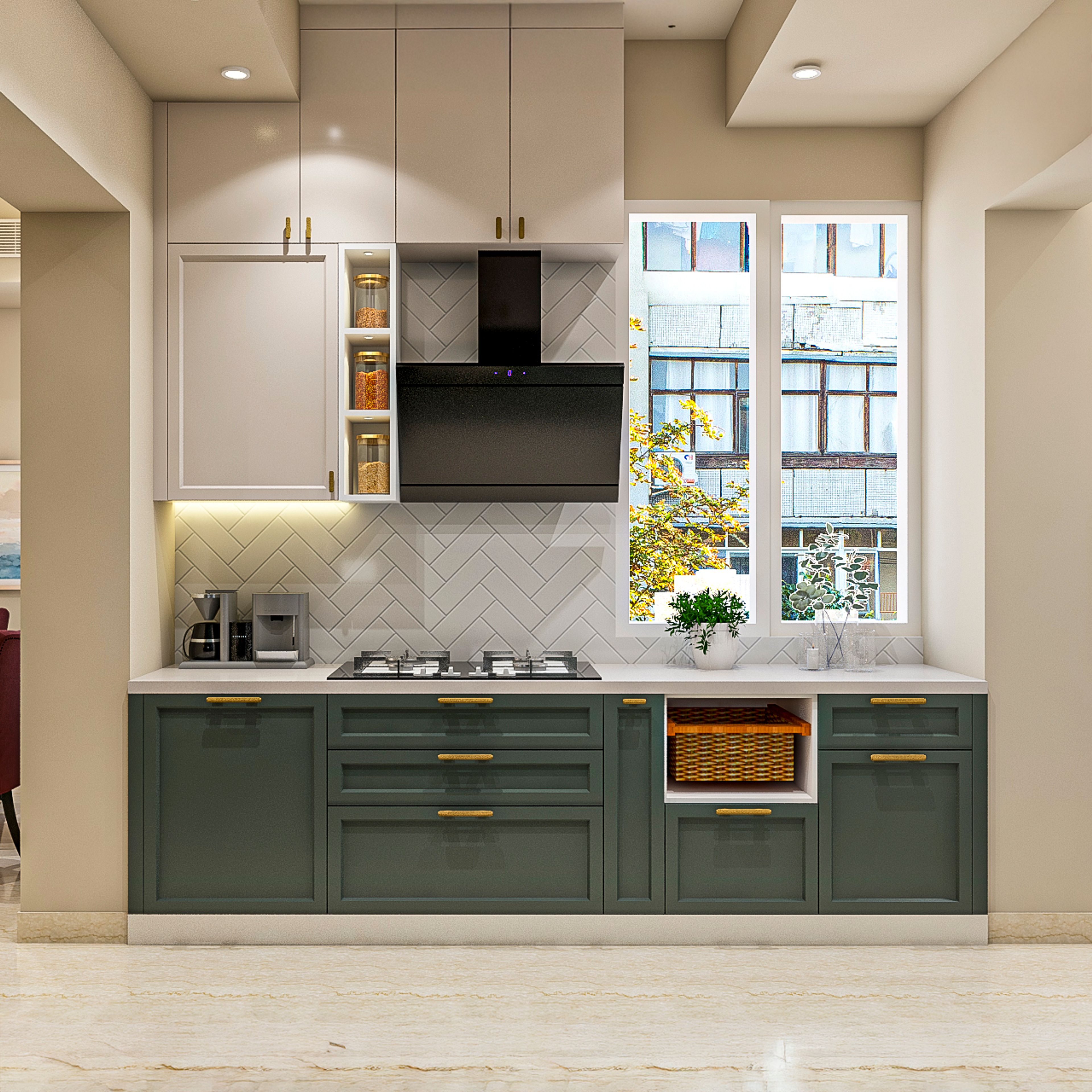 Modern Parallel Kitchen Design with Granite Countertop and Corner Cabinets