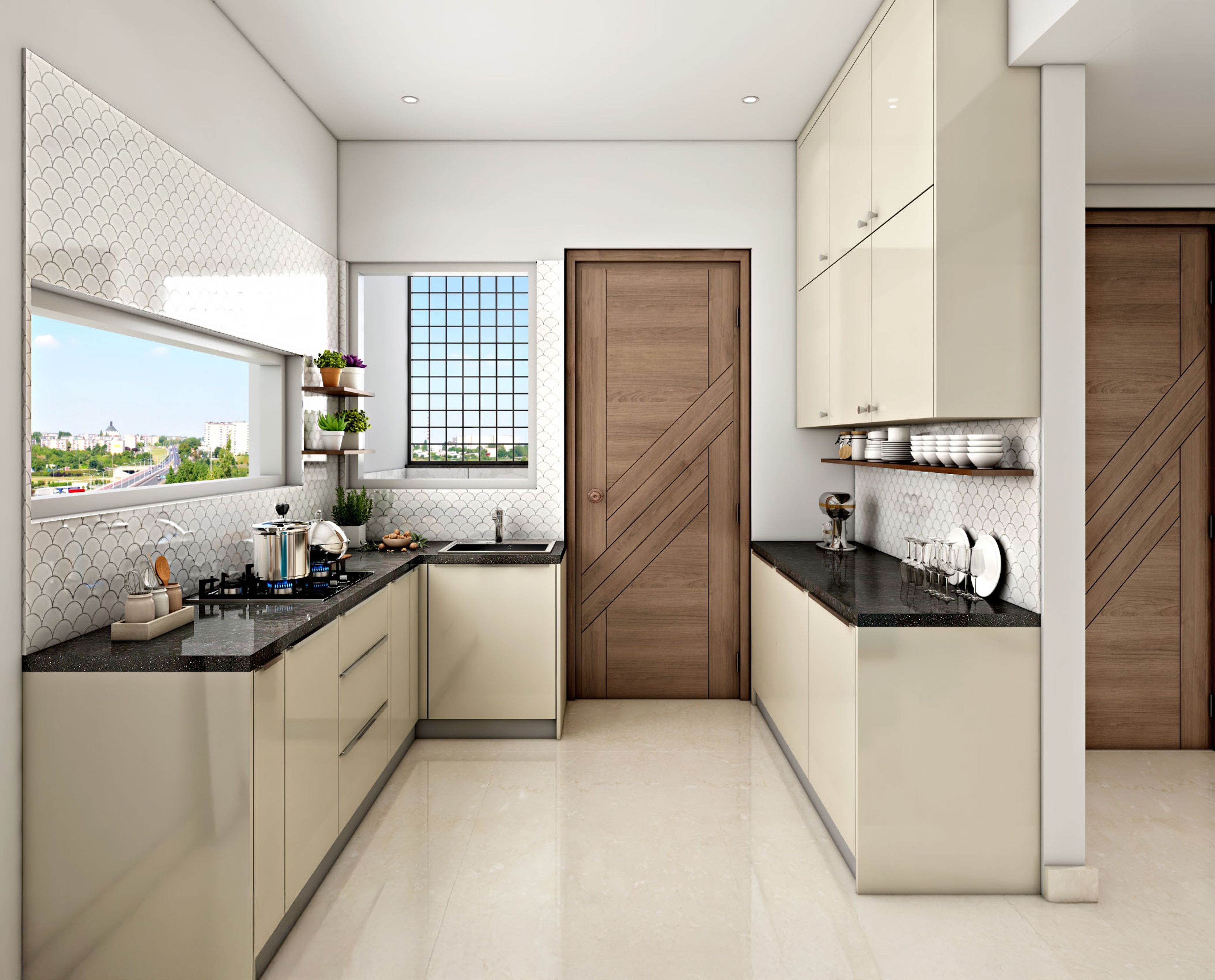 Modern Parallel Kitchen Design with Glossy White Cabinets and Granite Countertop