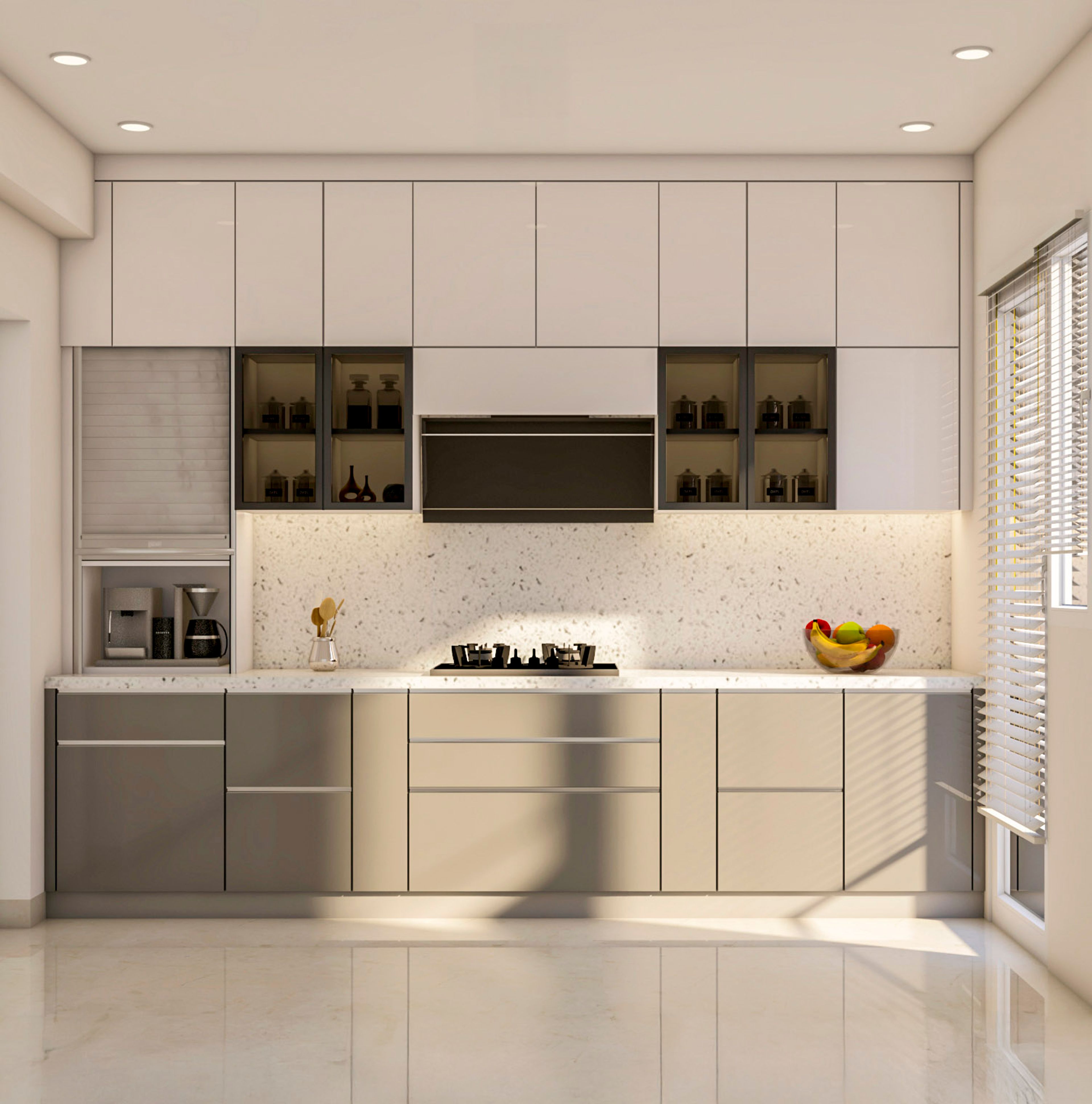Minimal Parallel Kitchen Design with White and Grey Glossy Cabinets