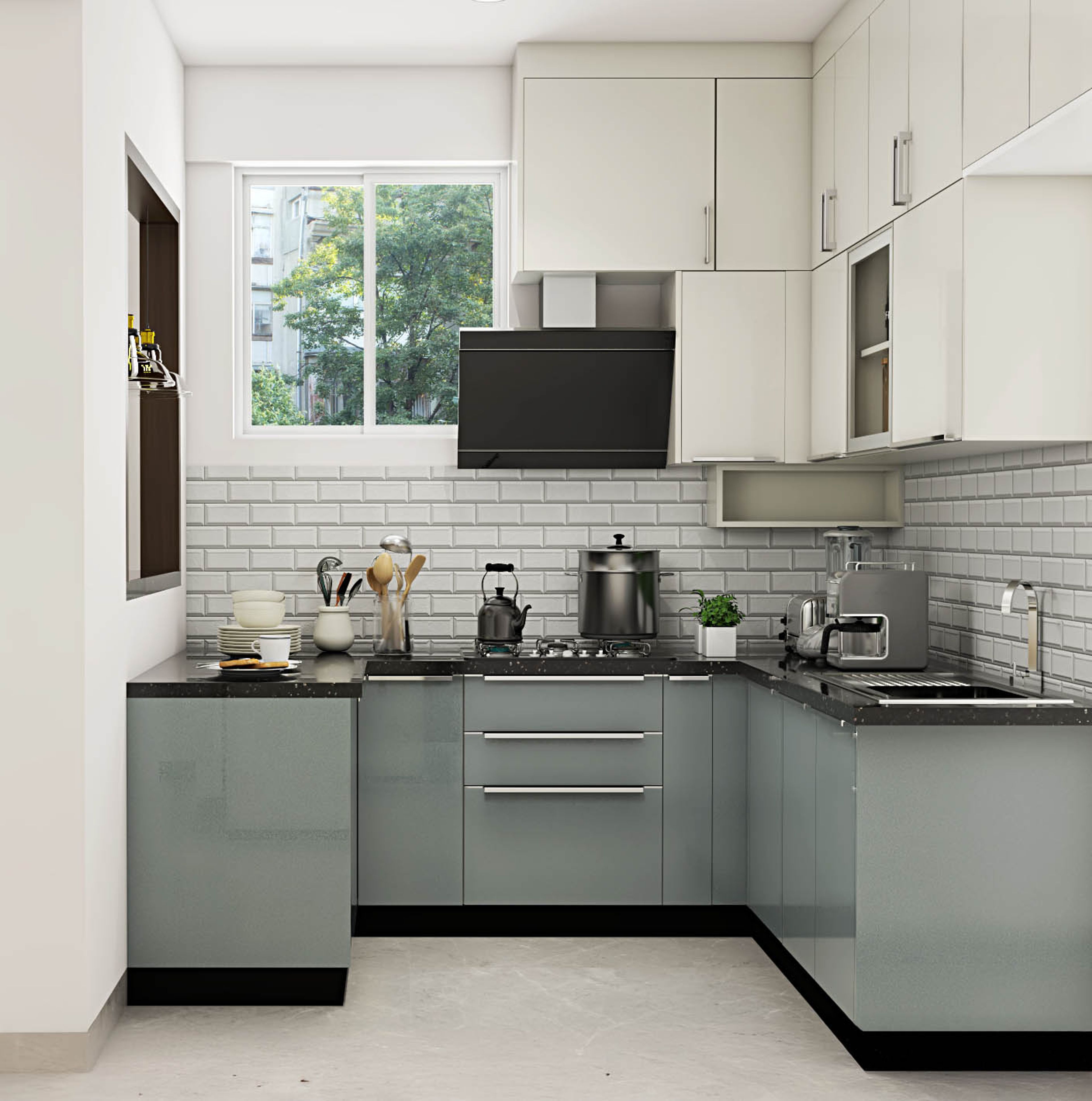 Minimal U-Shaped Kitchen Design with Two-Tone Silver and Grey Units