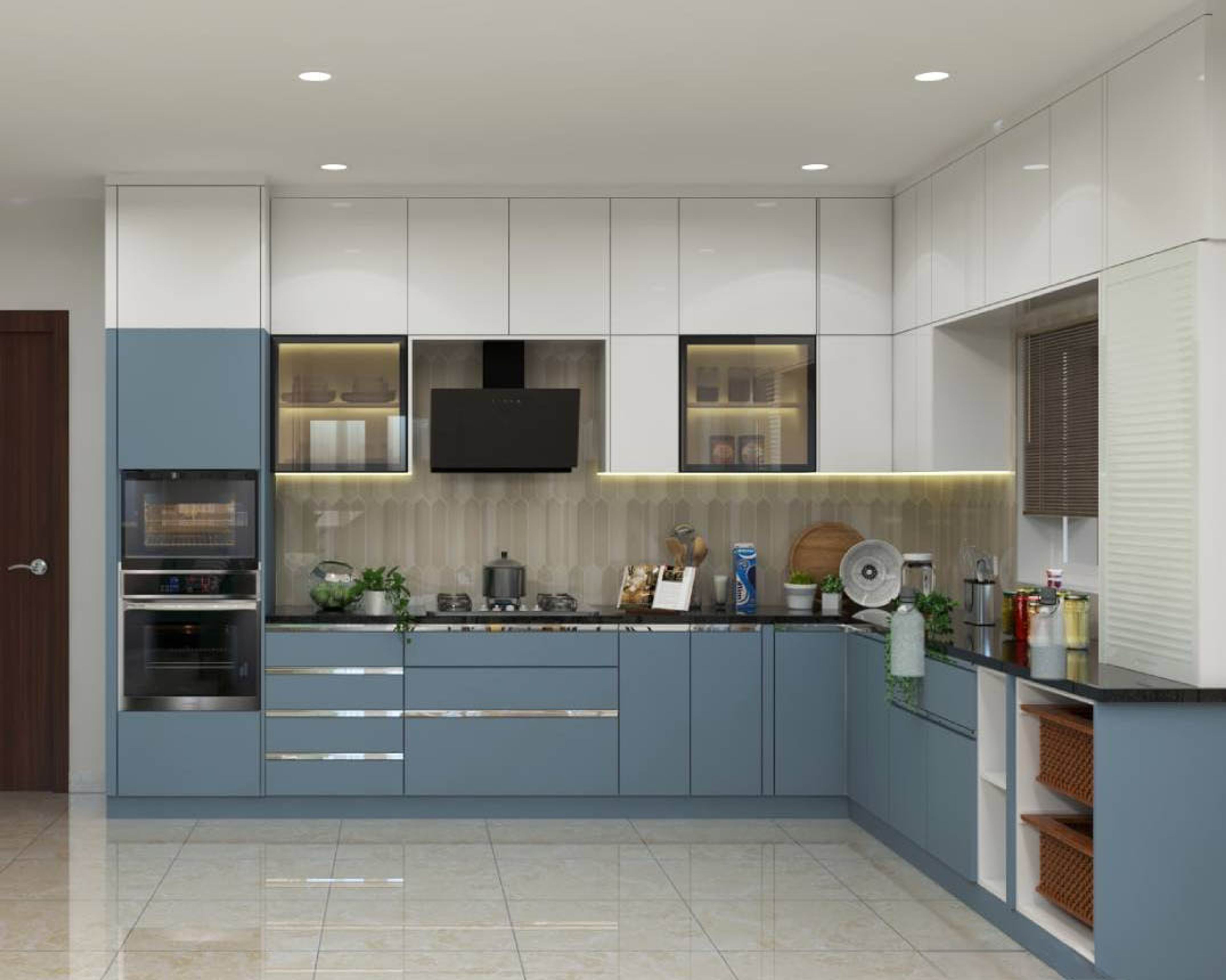 Modern L-Shaped Kitchen Design with Glossy Two-Tone Units and Granite Countertop