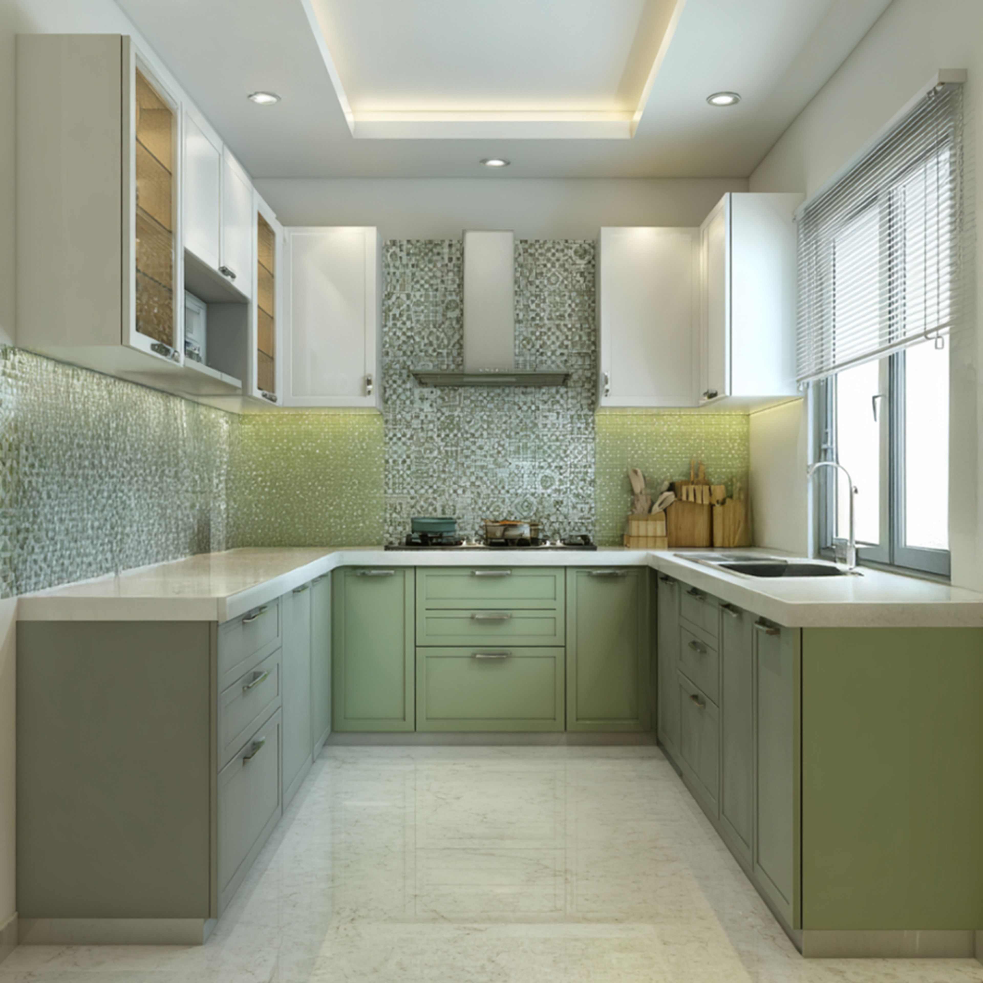 Modern U Shaped Kitchen Design with Quartz Counter and Glass Cabinets