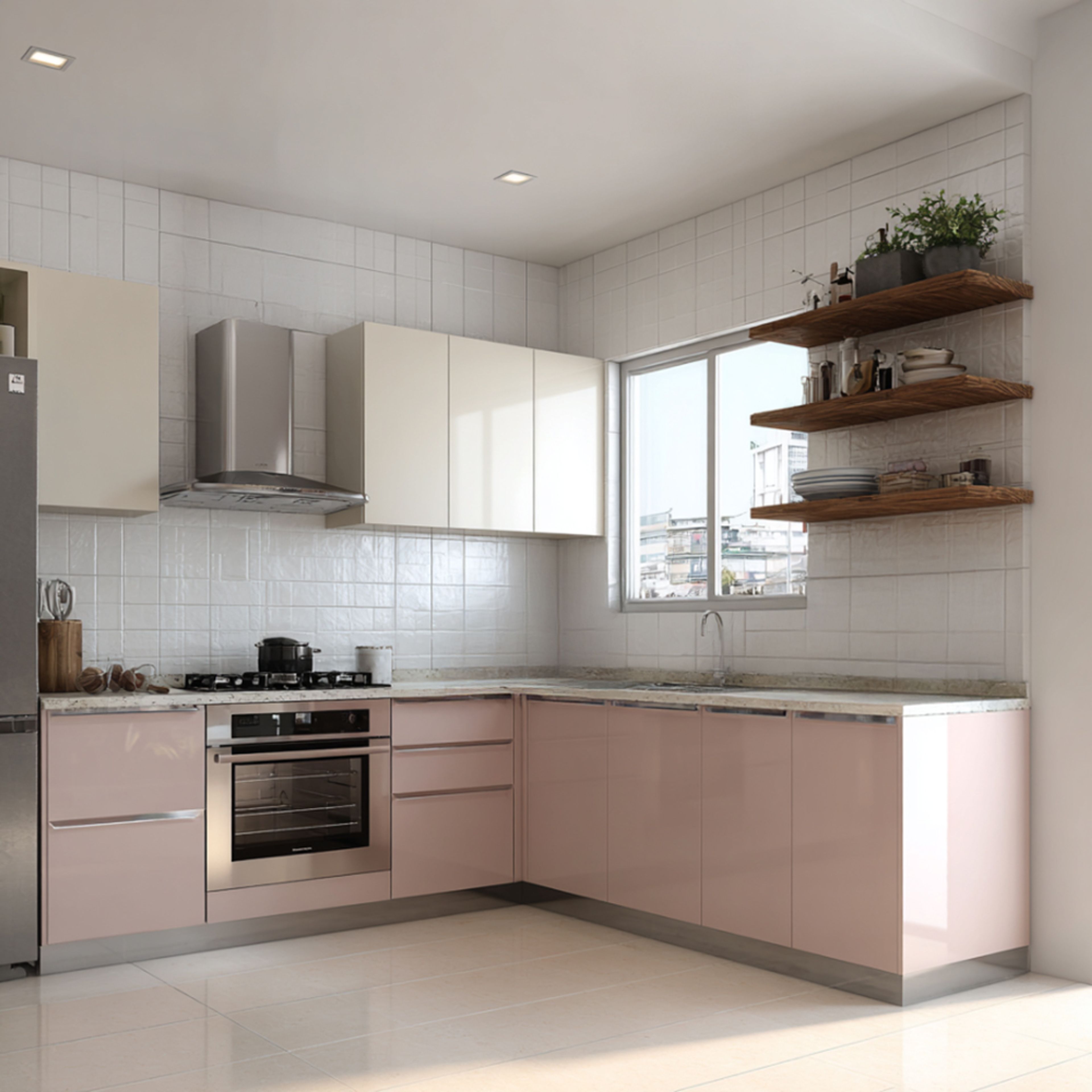 L-Shaped Minimal Kitchen Design With Floating Shelves and Quartz Countertop