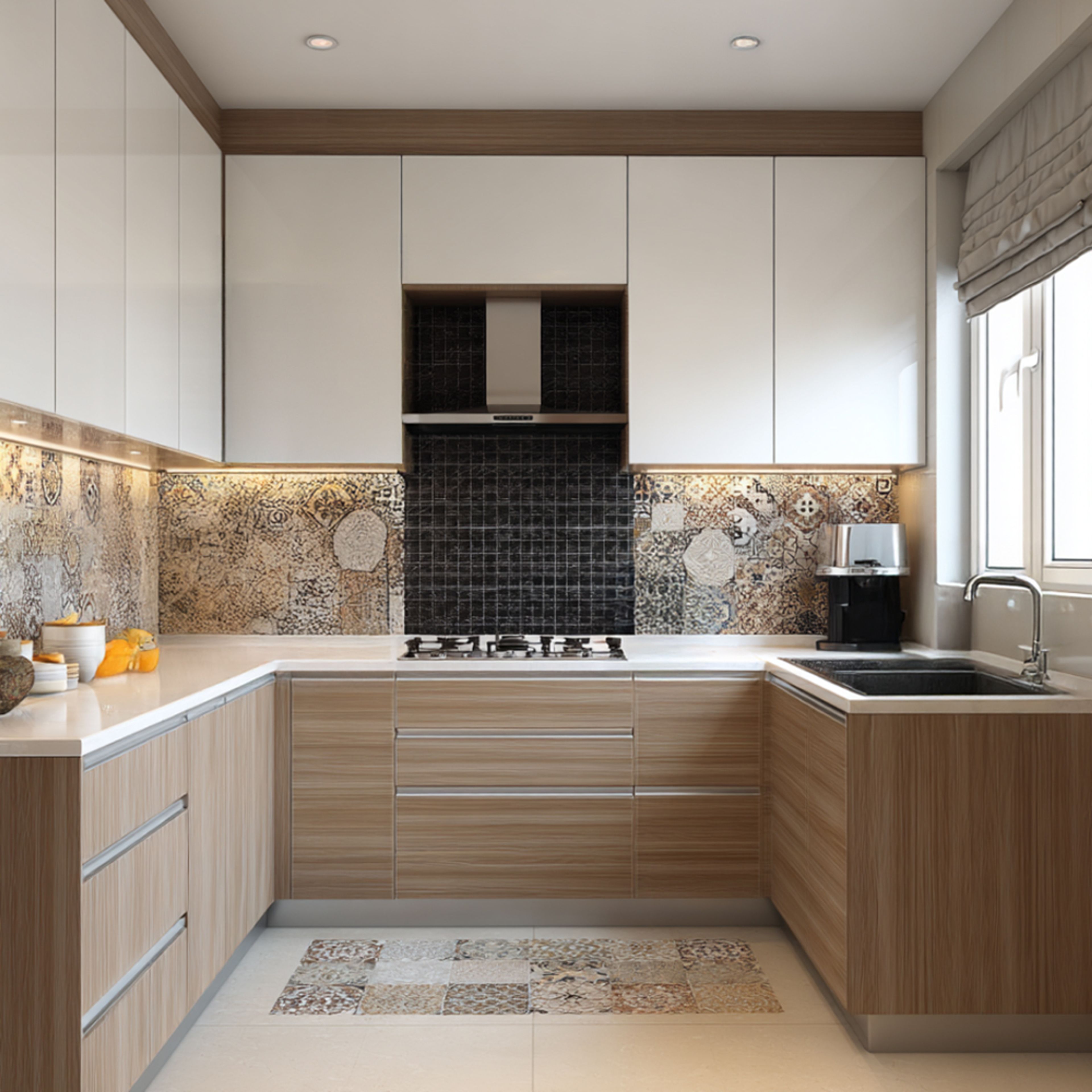U-Shaped Kitchen Design With Glossy Cabinets and Quartz Counter