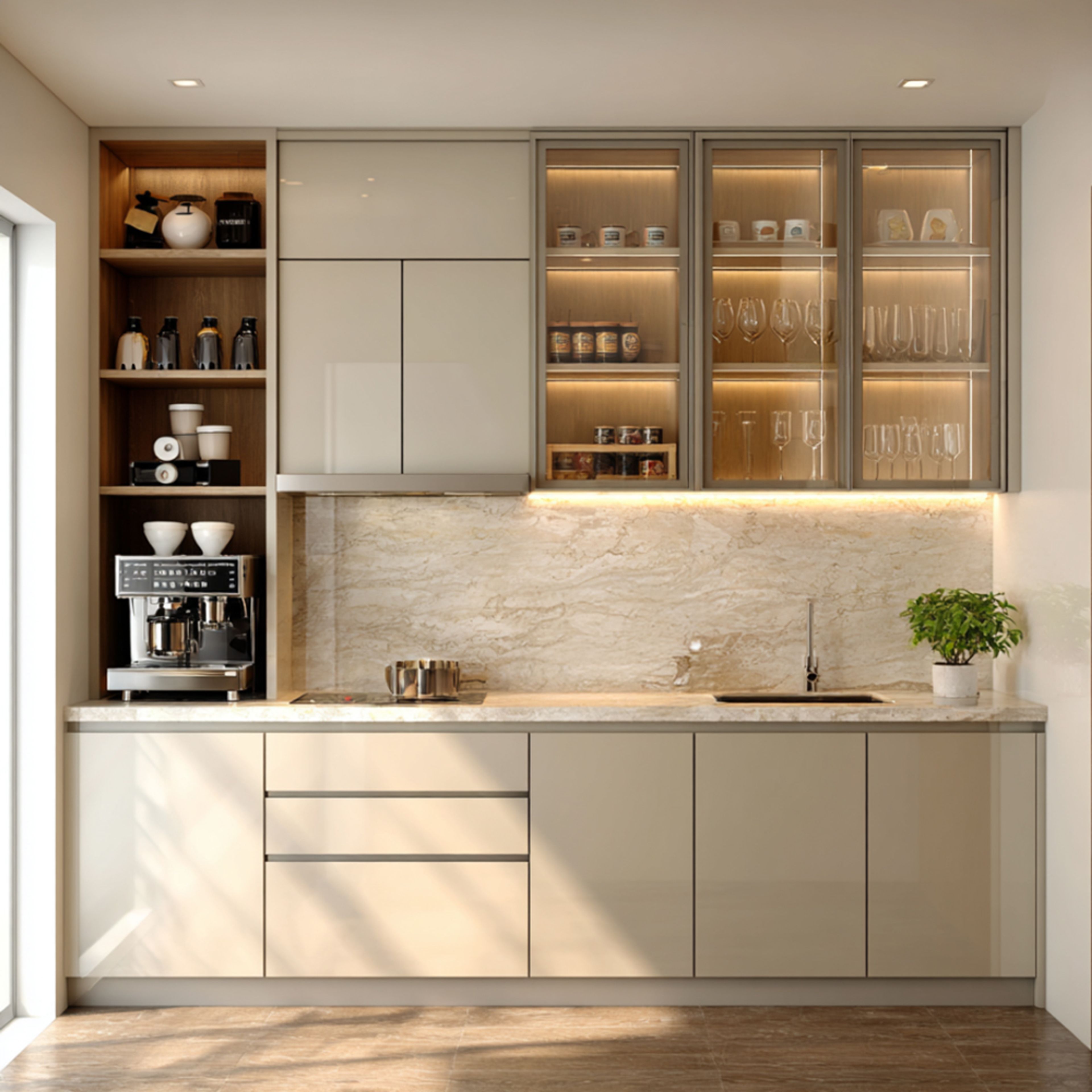 Minimal Open Kitchen Design in Irish Cream with Marble Countertop