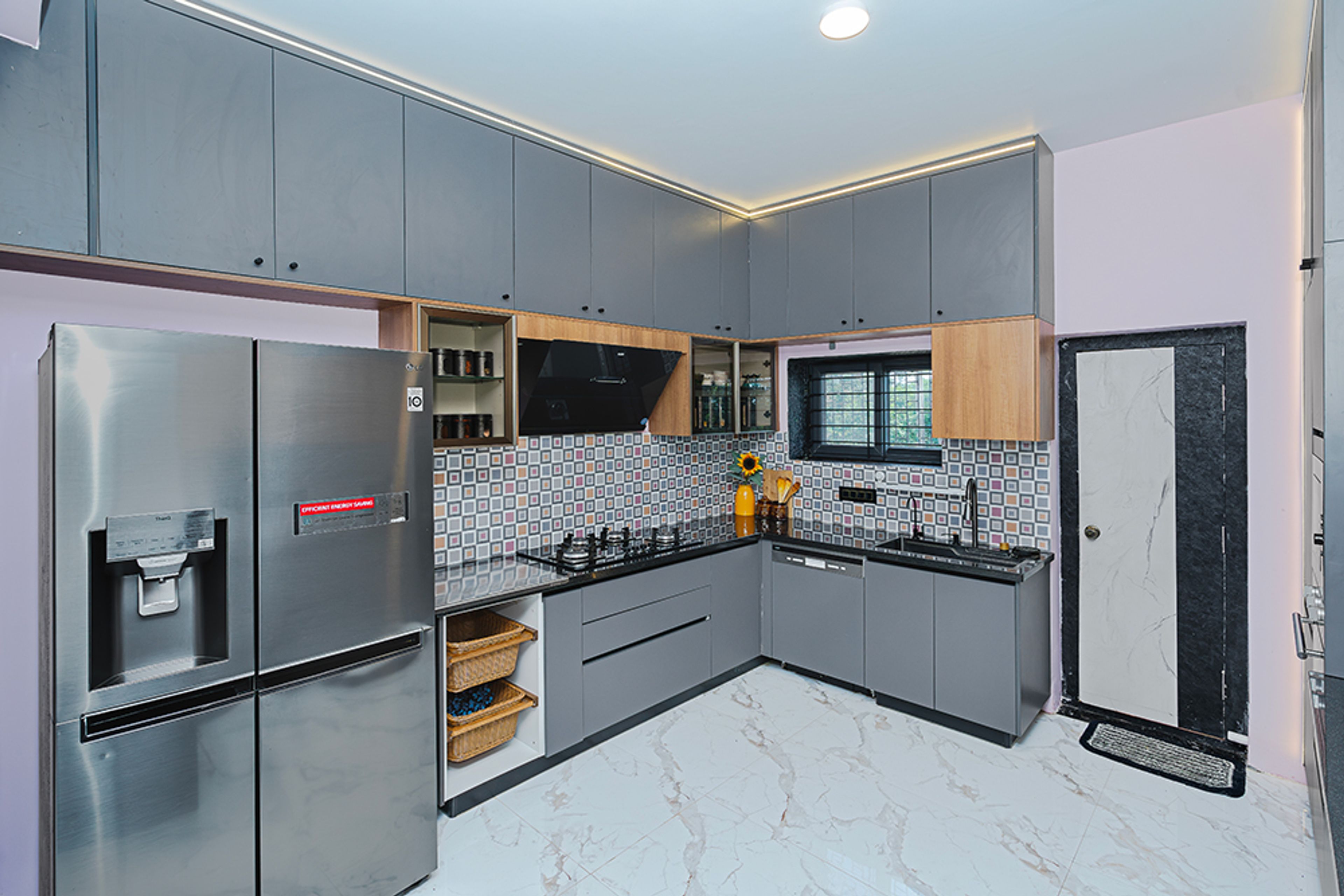 Grey and Walnut Contemporary L Shape Kitchen Design with Extensive Cabinetry