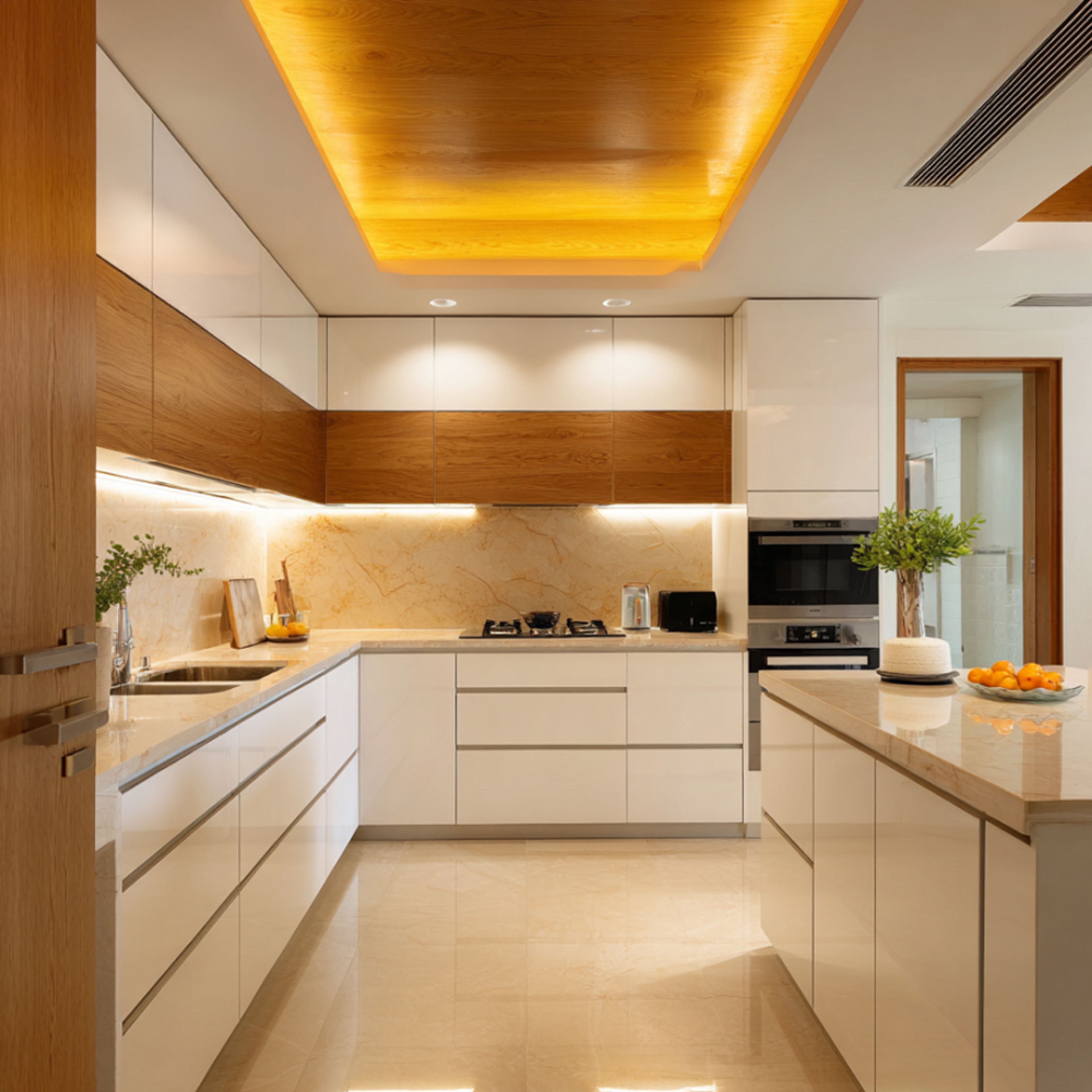 Island Kitchen Design with Wood Ceiling and Marble Countertops