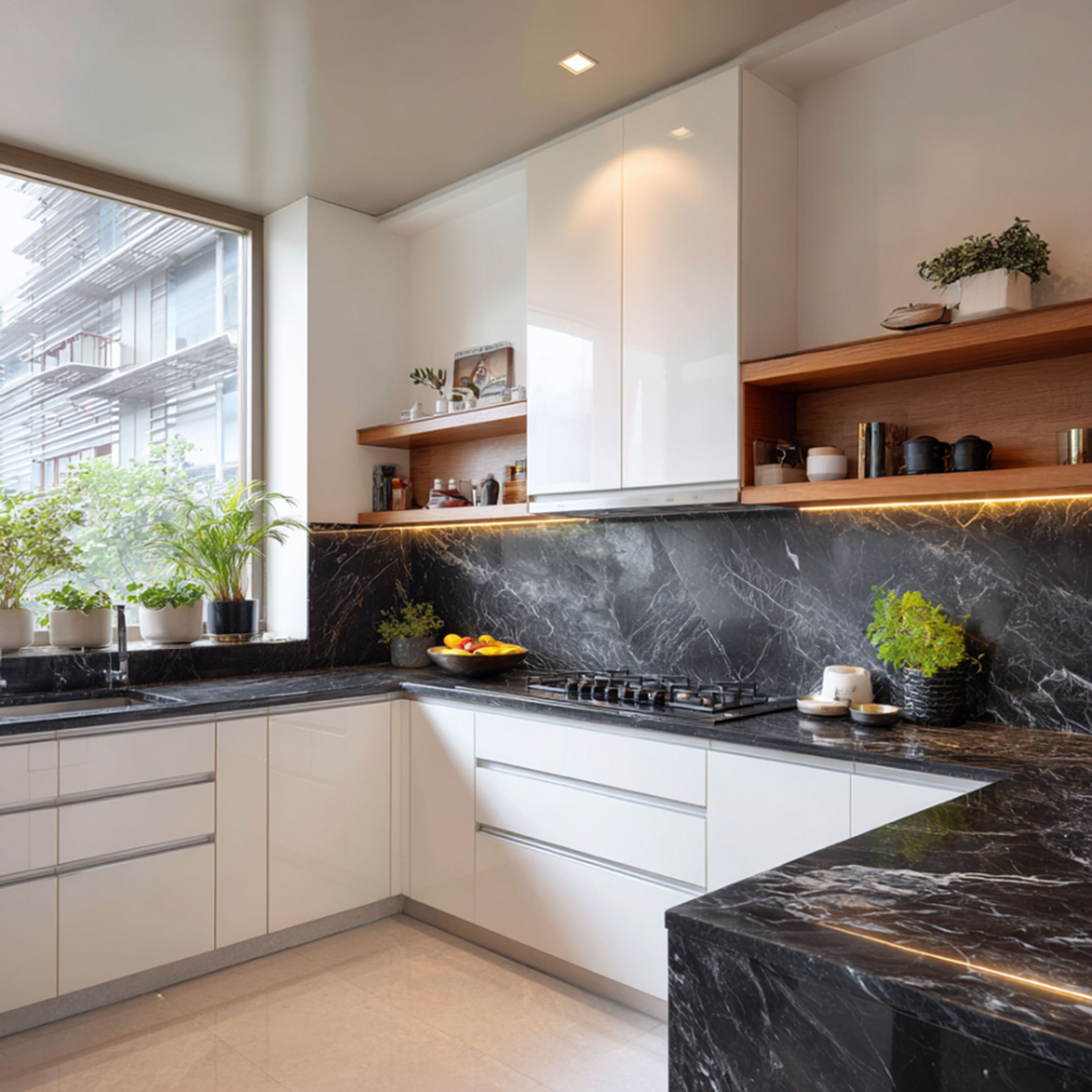 U-Shaped Kitchen Design with Open Shelving and Coffee Station