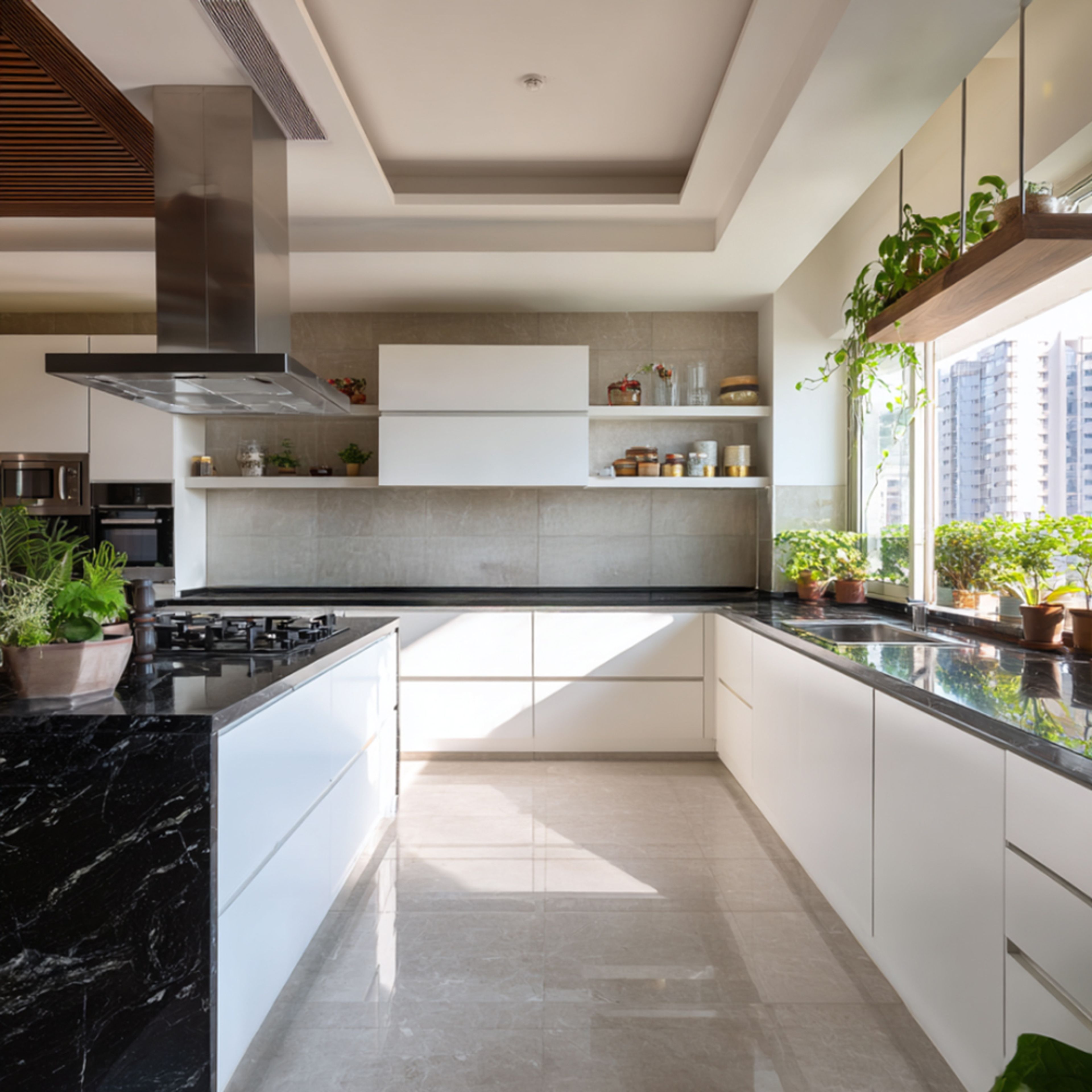 Modern Island Kitchen Design with Marble Countertops and Grey Panels