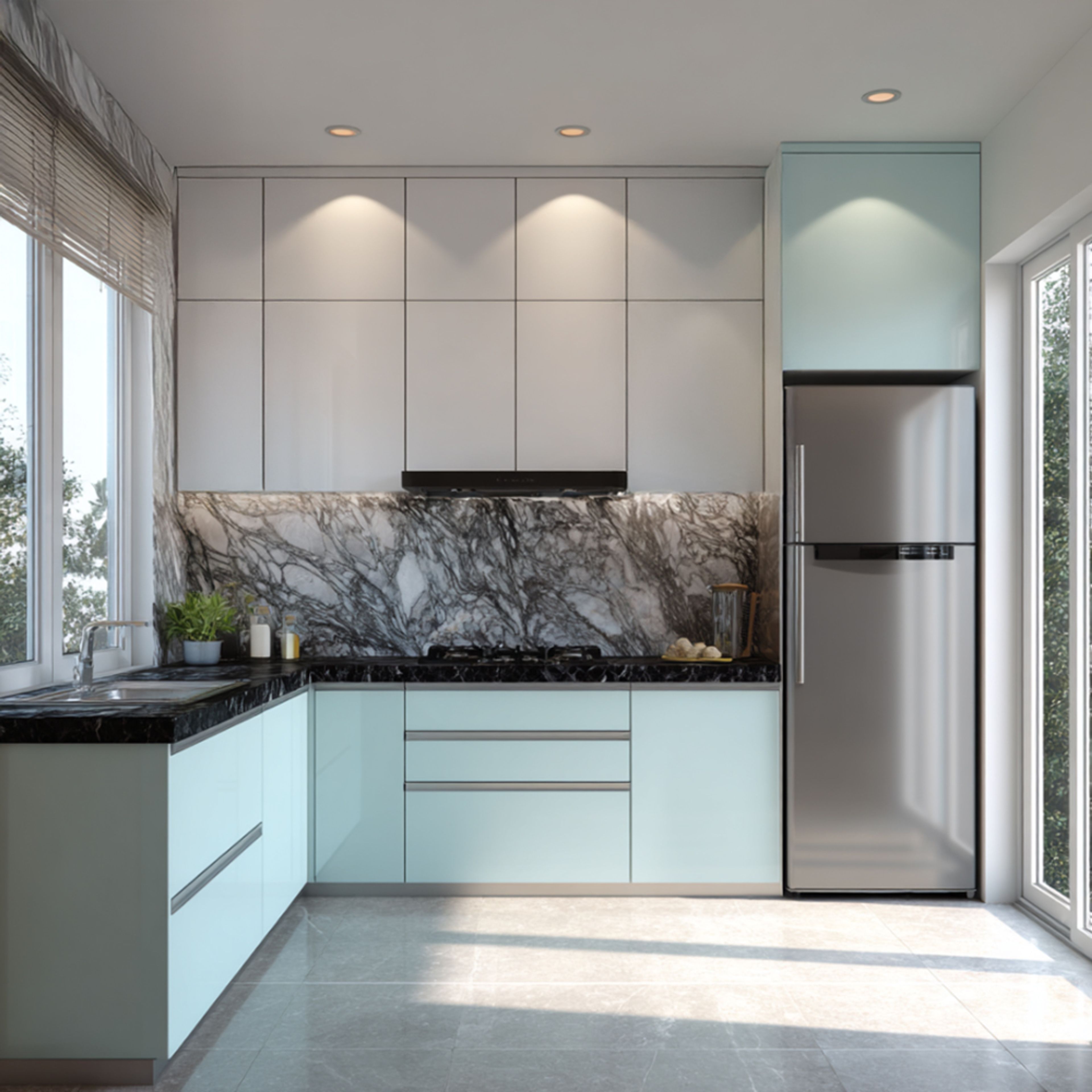 Modern L-Shaped Kitchen Design in Blue and White with Marble Countertop