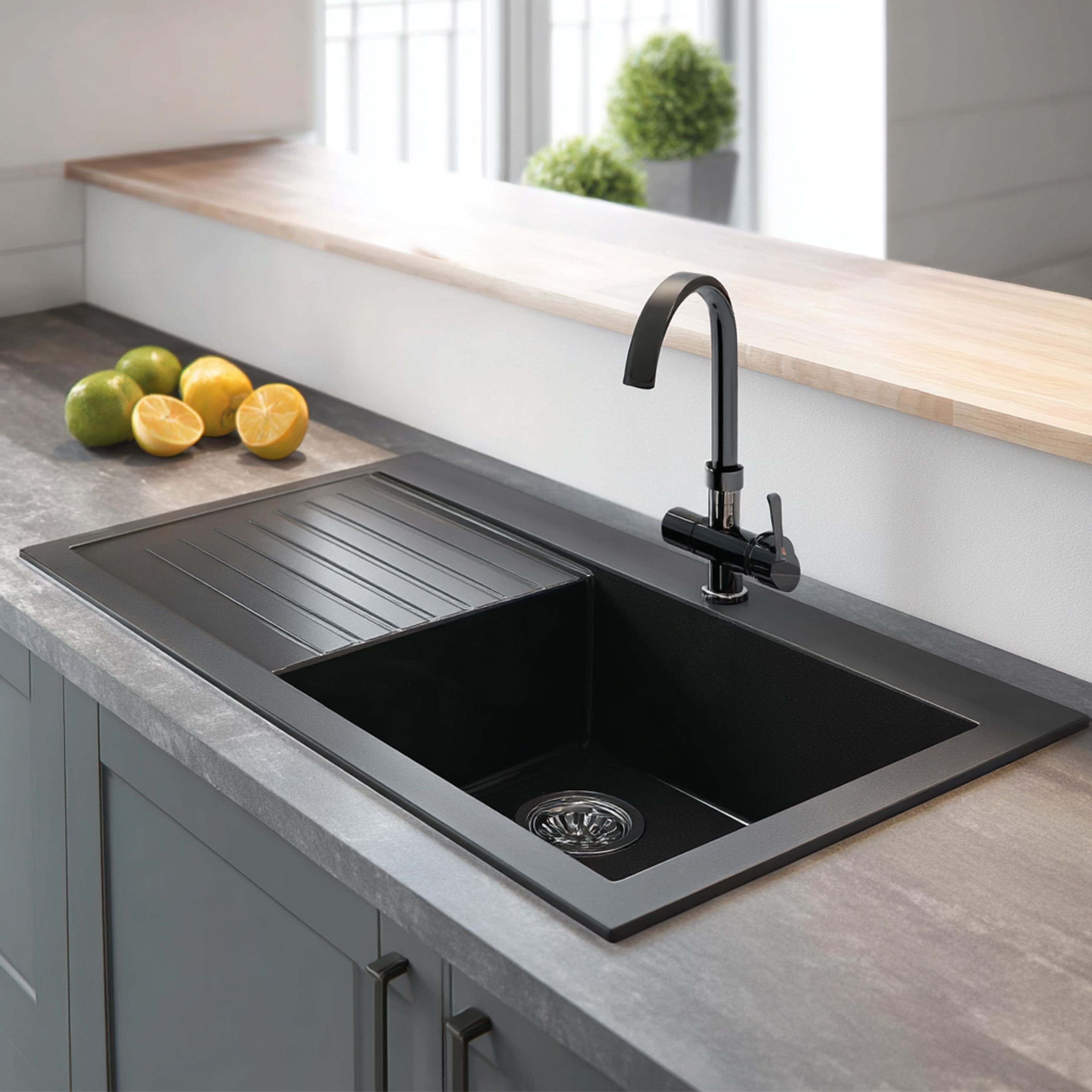 Matte Black Composite Kitchen Sink Design with Single Bowl Top Mount