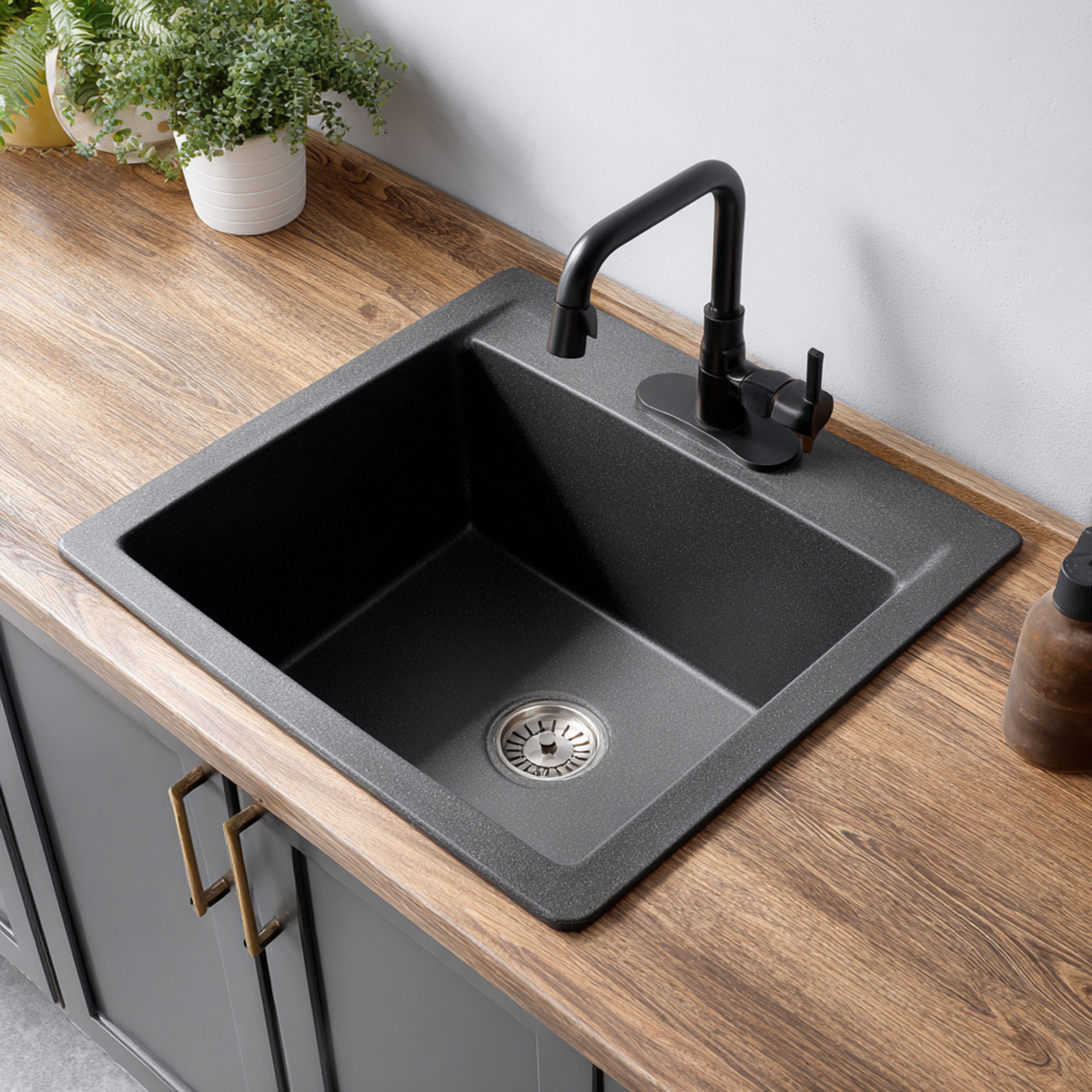 Top Mount Matte Black Composite Kitchen Sink Design with Single Bowl