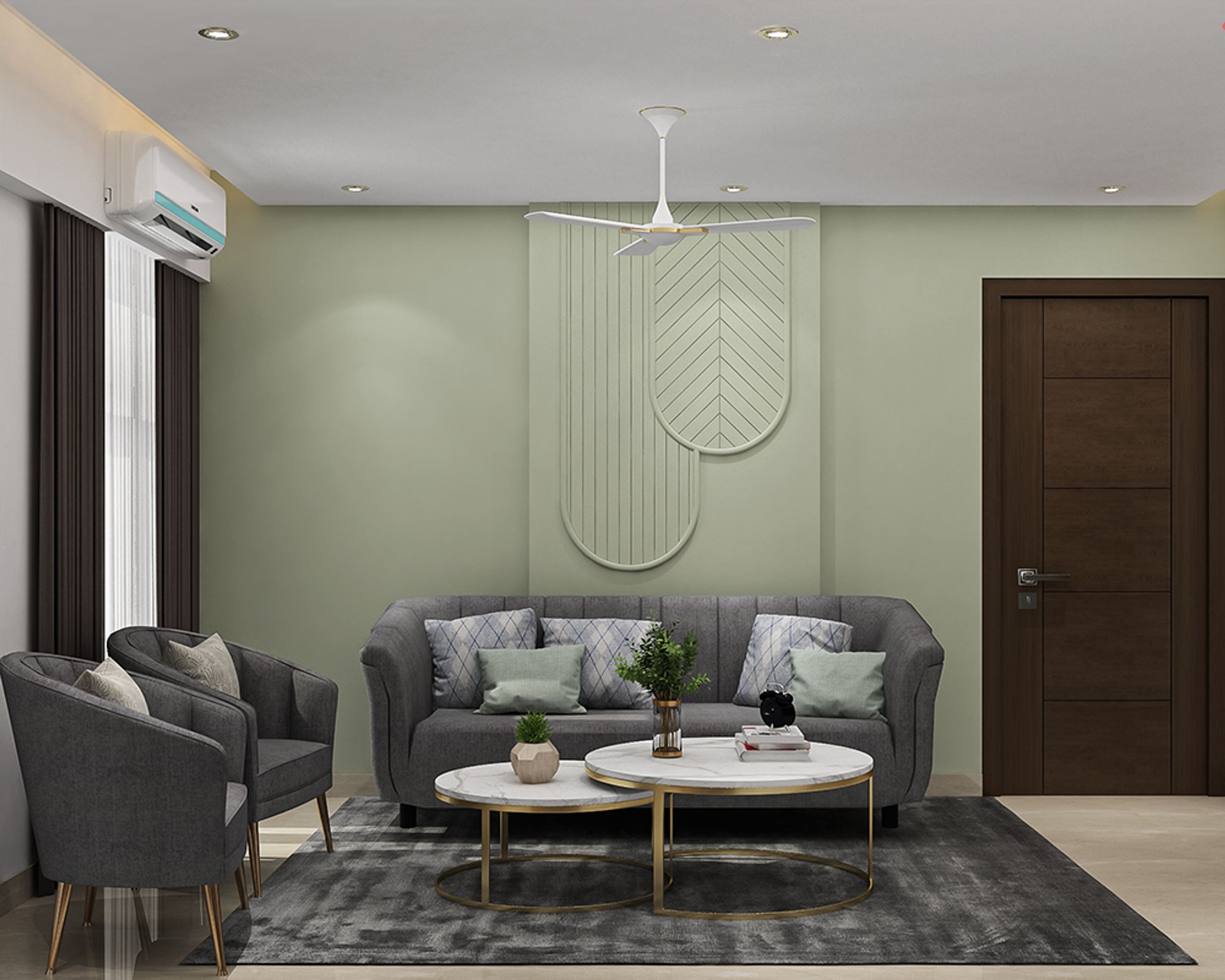 Living Room Design with Grey Sofa, Tufted Seating and Marble Tables