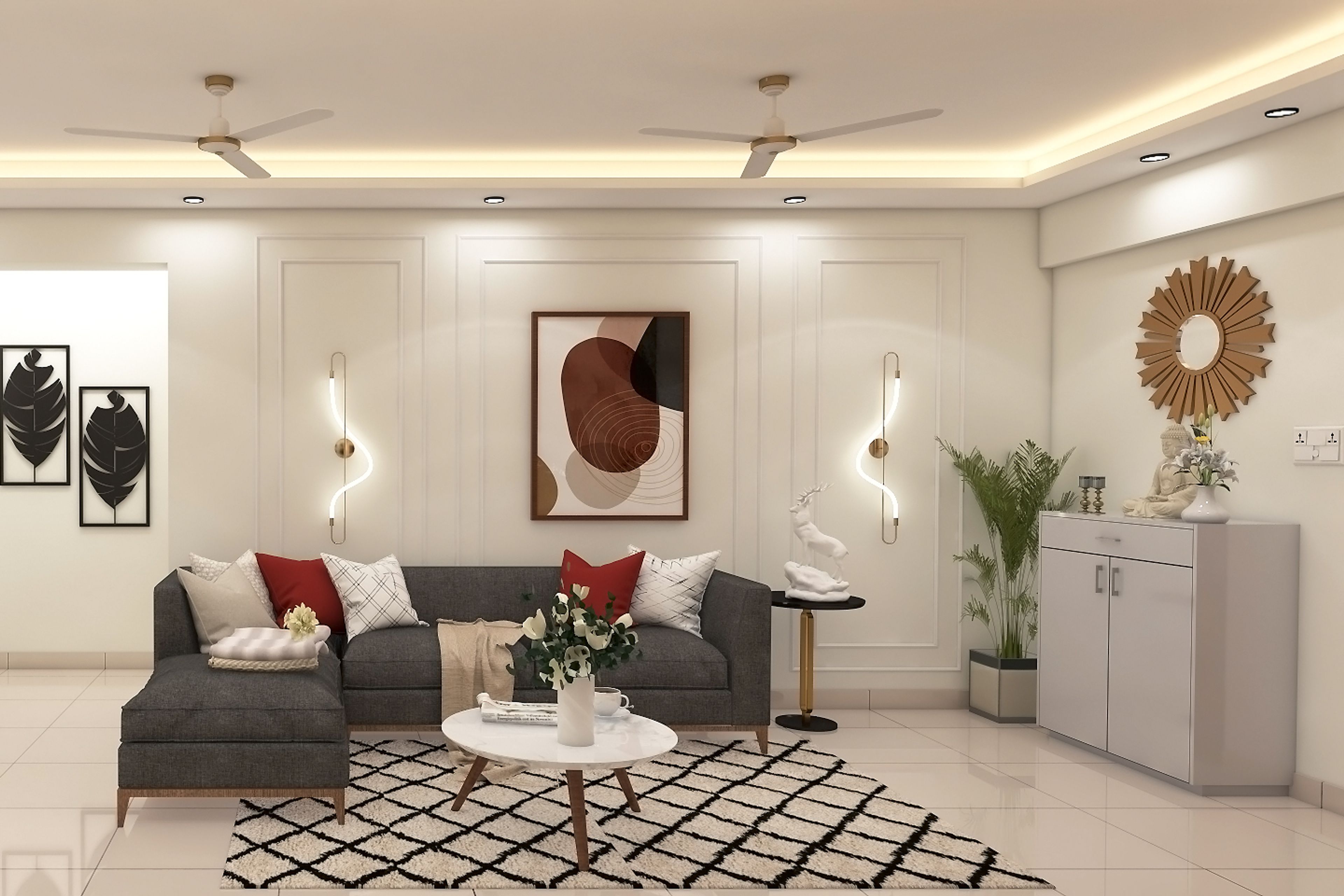 Living Room Design With Grey L-Shaped Sofa and Geometric Rug