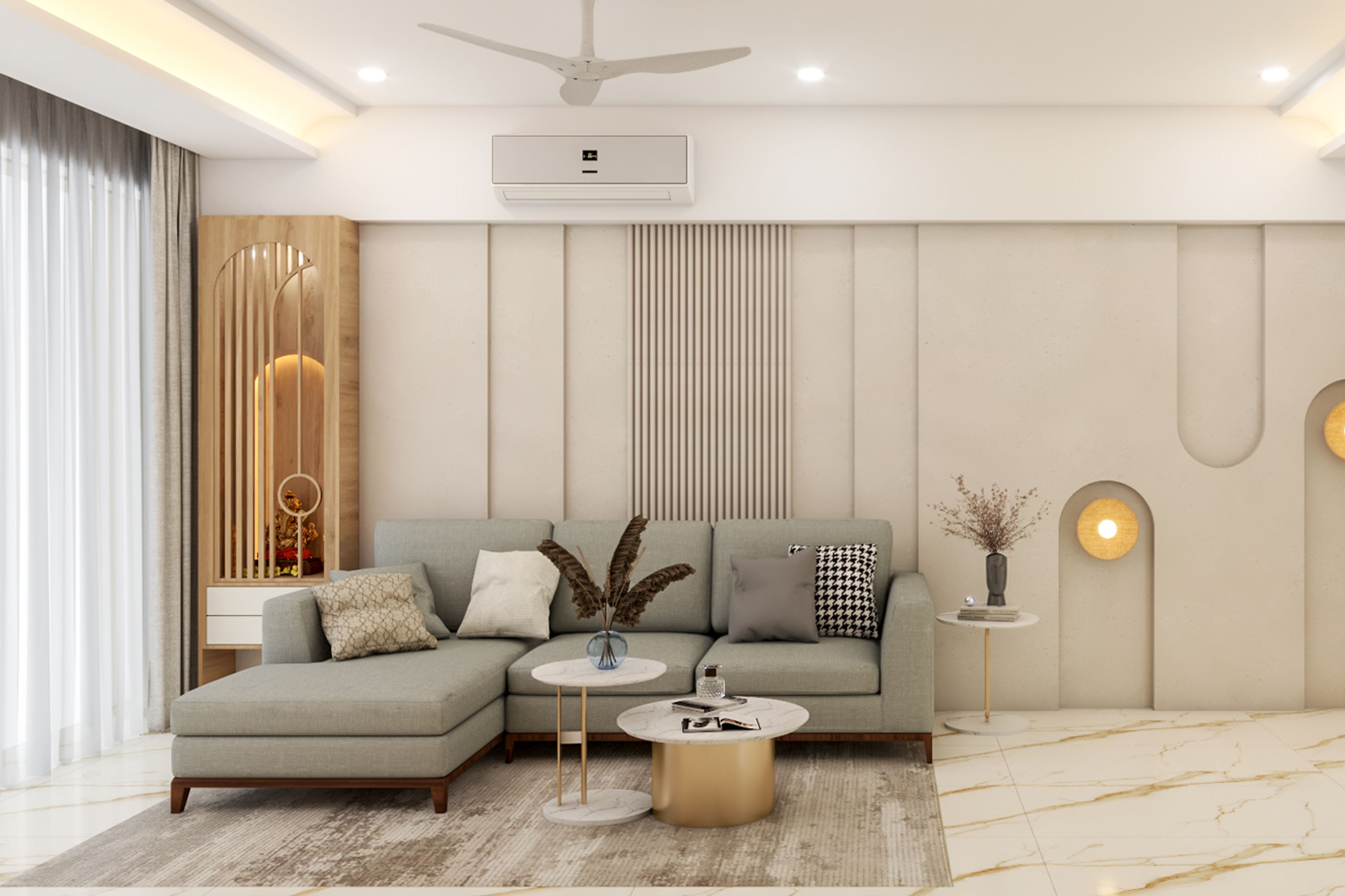 Living Room Design With L-Shaped Grey Sofa and Pooja Alcove