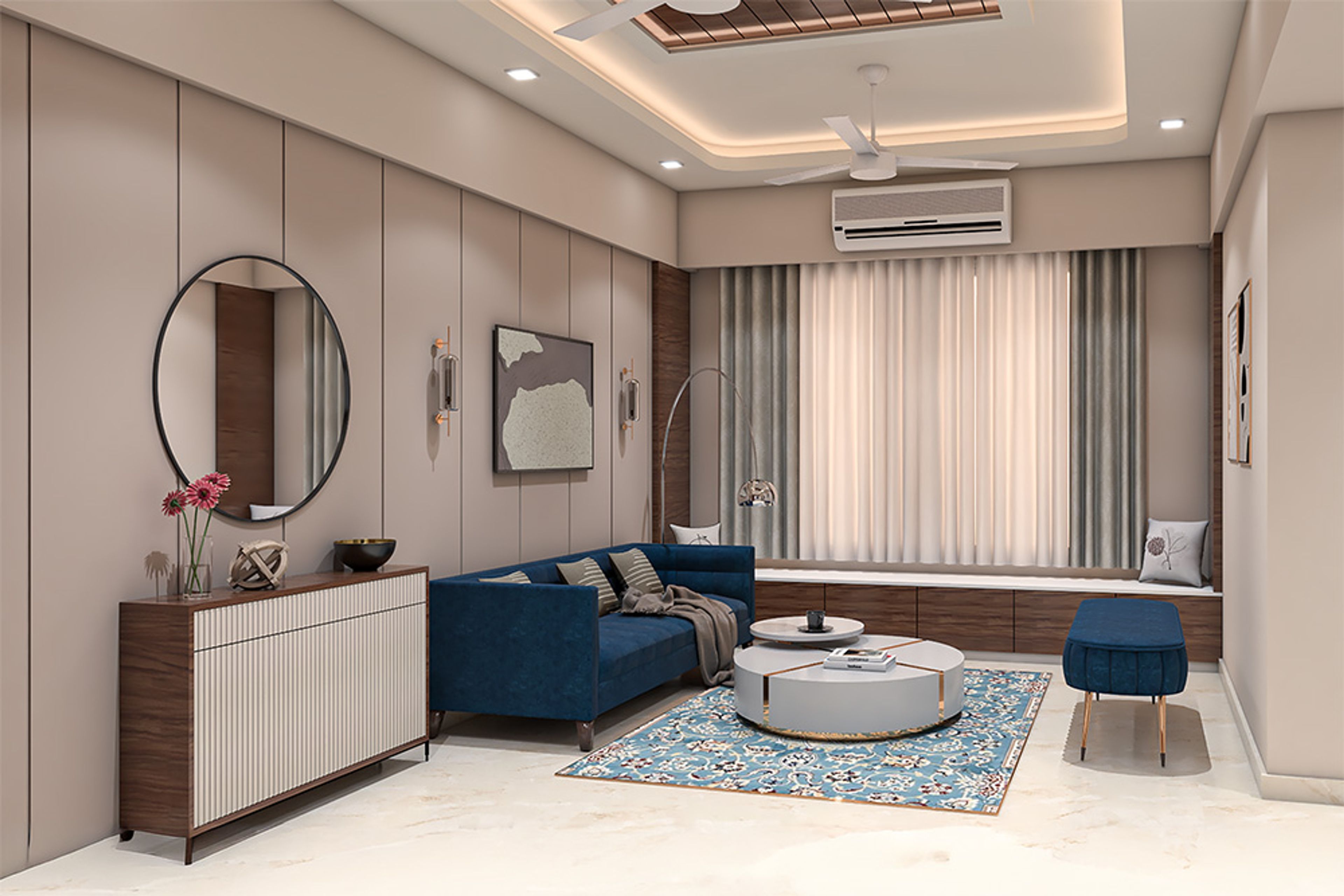 Living Room Design with Blue 3-Seater Sofa and Round Coffee Table