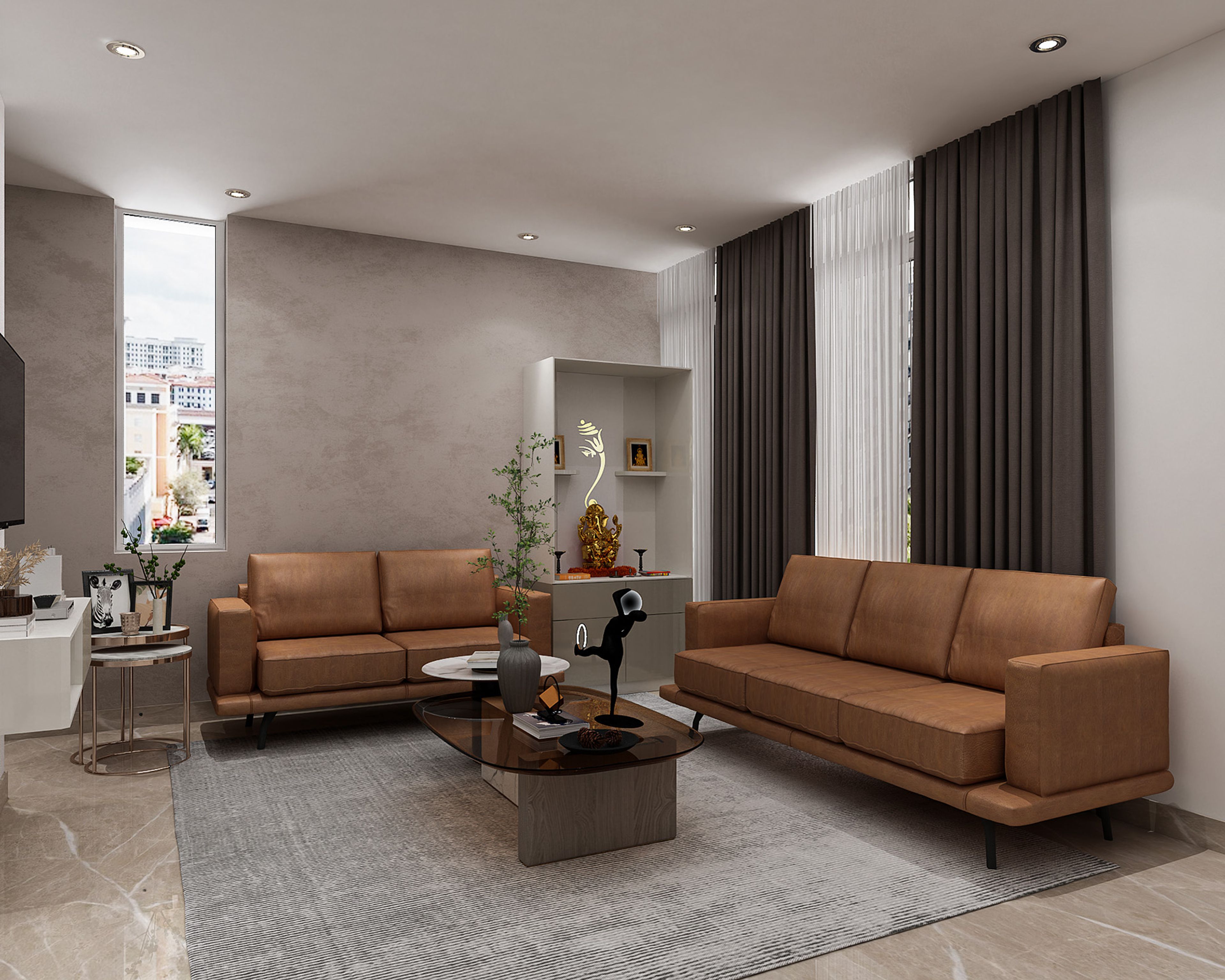 Living Room Design with Two Tan Leather Sofas, Built-In Open Shelf and Coffee Table