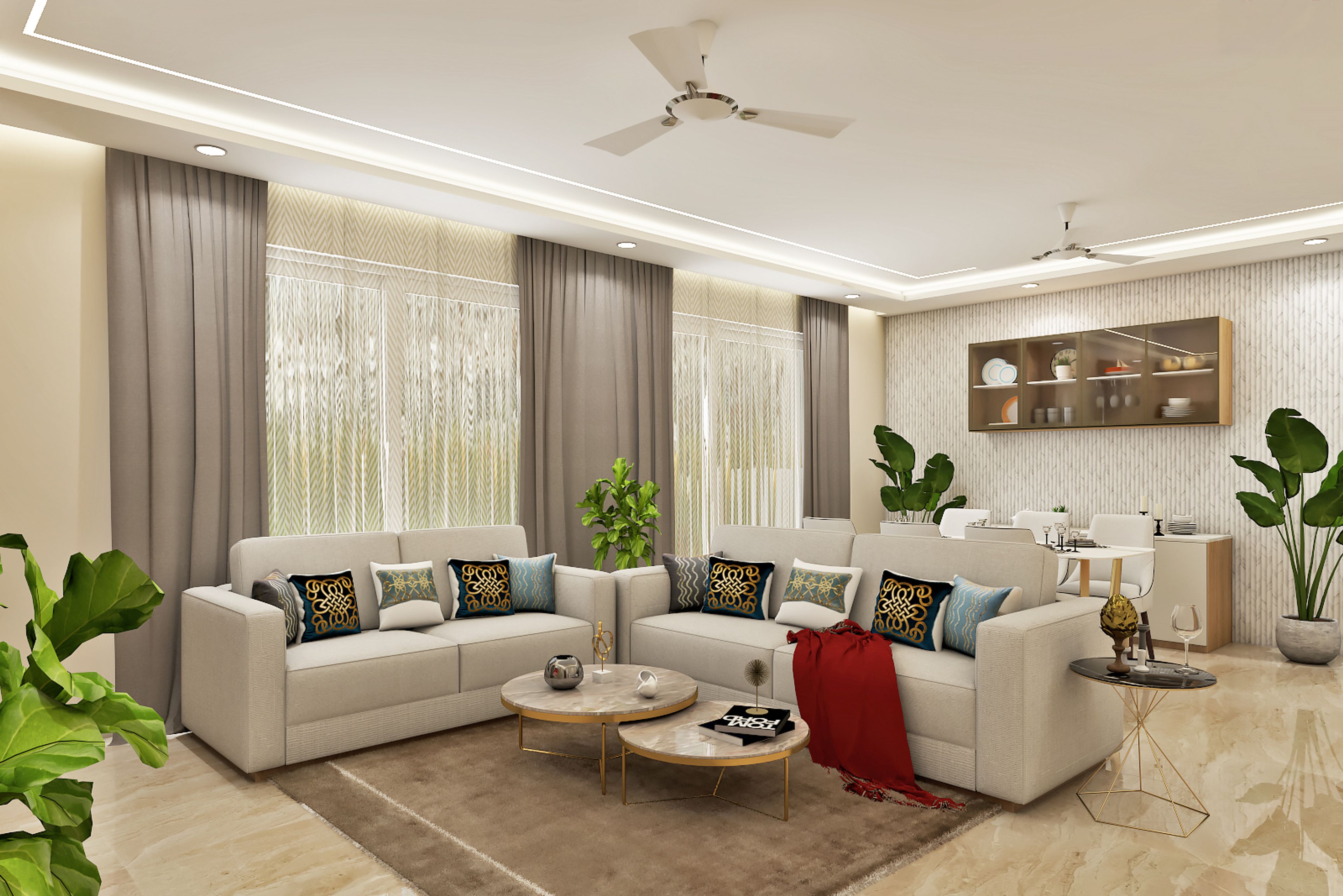 Living Room Design With Off-White Sectional Sofa and Rectangular Coffee Table